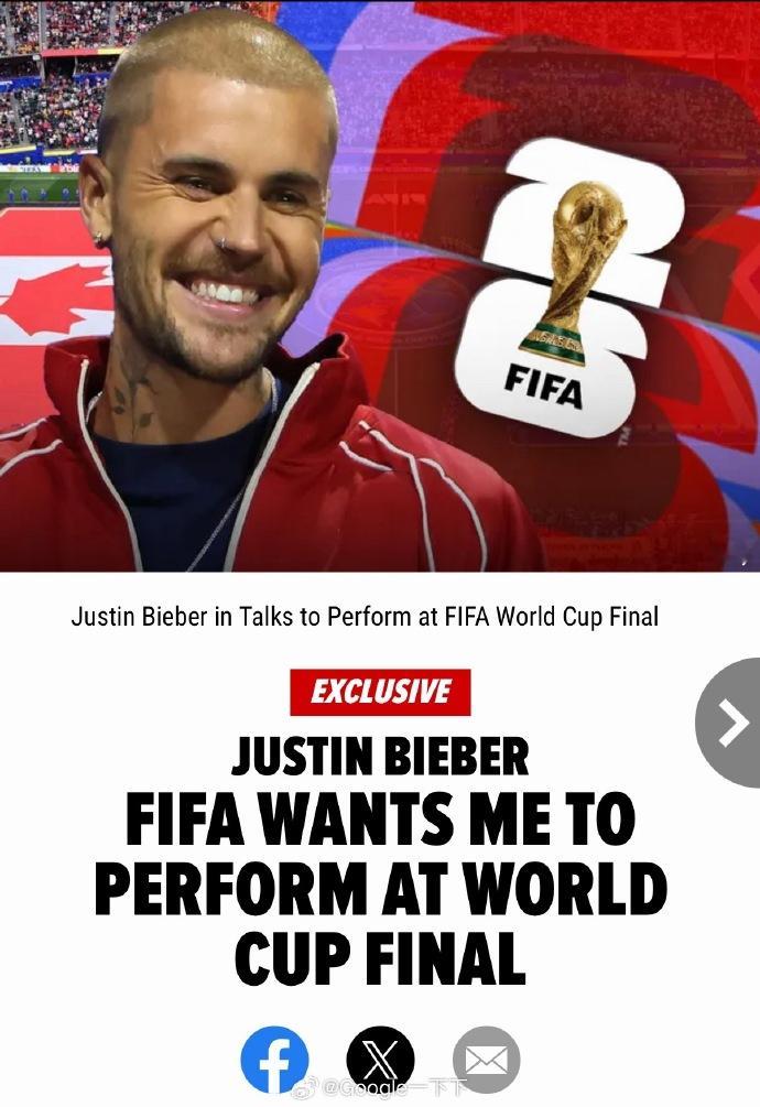 比伯或亮相世界杯决赛表演 曝Justin Bieber 正在商谈在FIFA世界杯