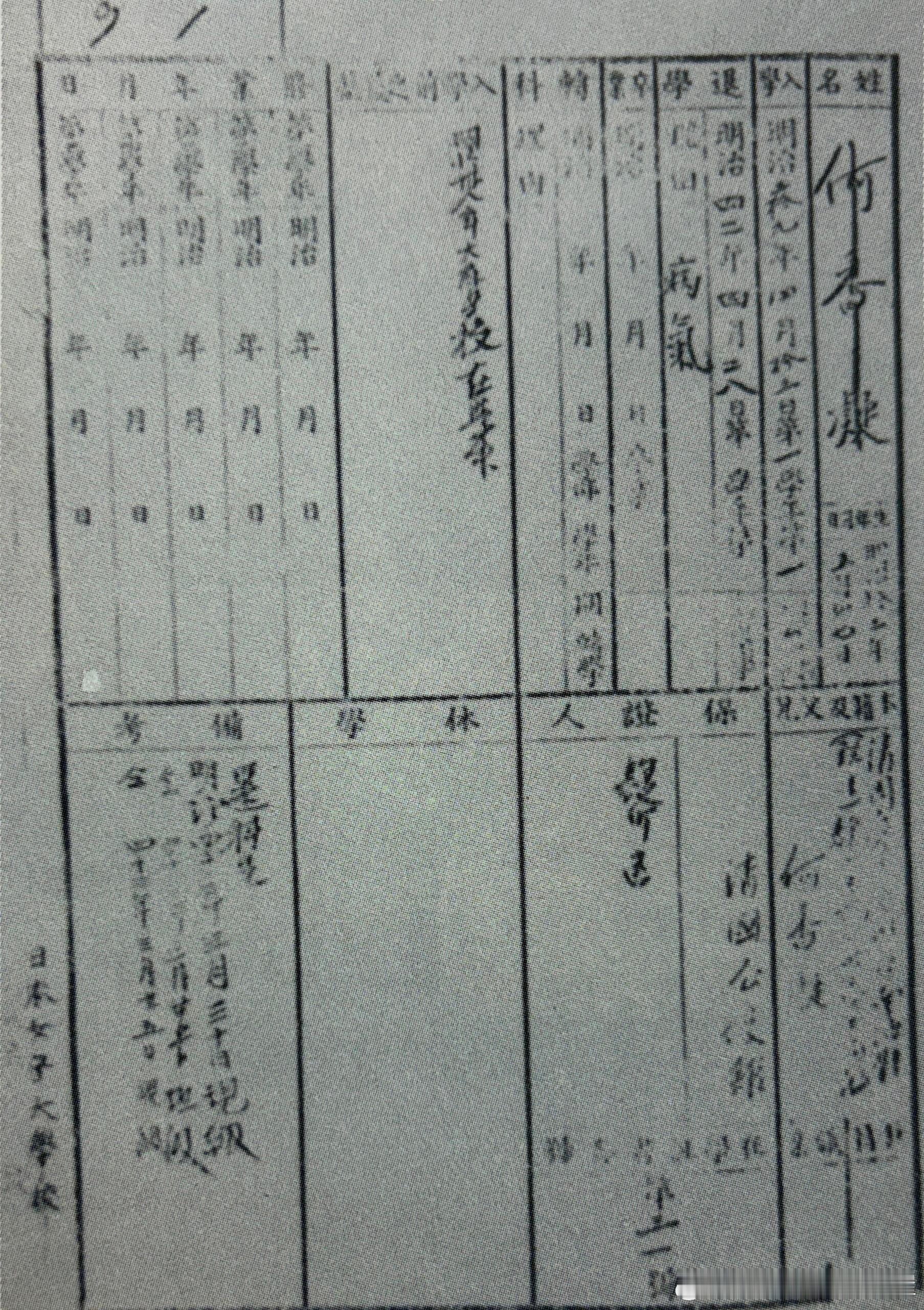 1908年4月何香凝从日本女子大学退学，这是学校保存的其退学档案原件历史影像 ​
