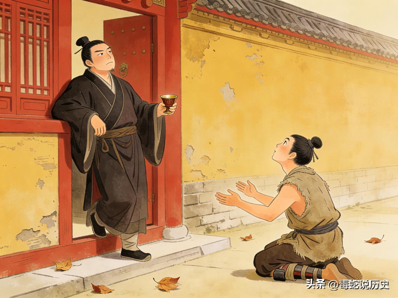 齐国有个中大夫叫夷射，陪齐王喝酒，喝得半醉，靠在宫门上。守门的刖跪（受过砍脚刑的