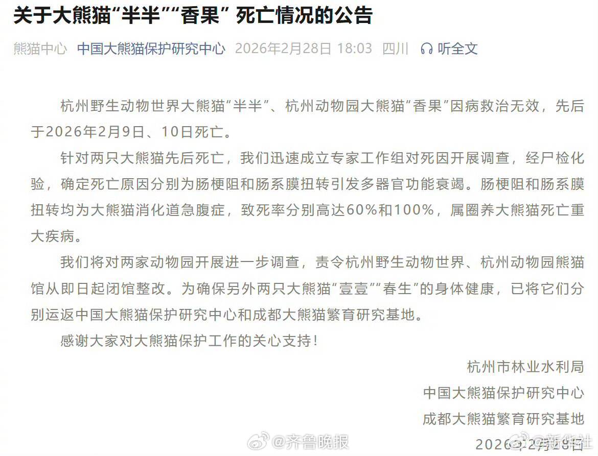 #大熊猫半半香果离世# 【关于大熊猫“半半”“香果” 死亡情况的公告】杭州野生动