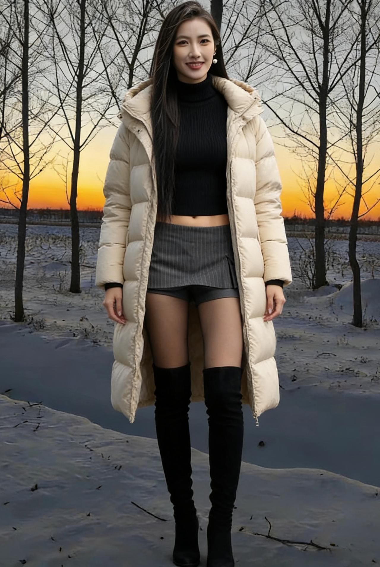 朔雪封荒陌，残阳照远林。
佳人临旷野，羽袂拂寒阴。
黛眼含春韵，朱唇吐玉音。
冰