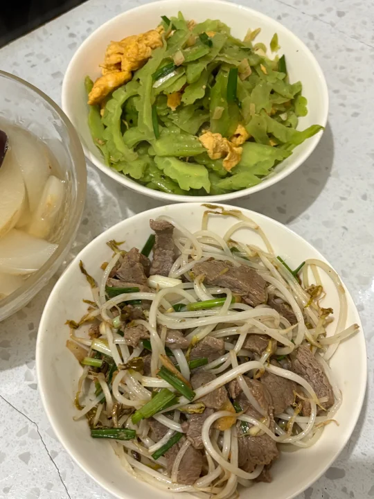 上班族一人食|苦瓜炒蛋 |豆芽炒牛肉|雪梨汤