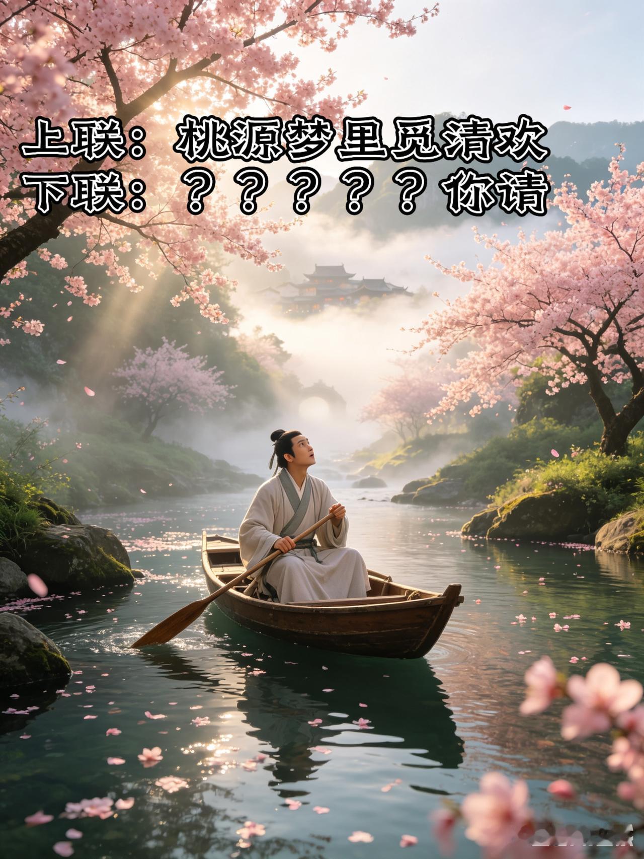 嵌入桃花源，这上联藏两层深意

上联：桃源梦里觅清欢
下联：？？？？？你请

上