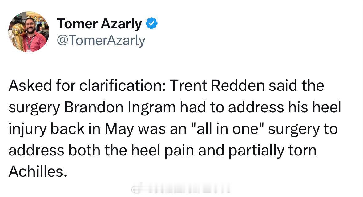 英格拉姆在5月手术不仅仅是解决他的脚跟问题，并同时把他的部分跟腱撕裂问题修复了，