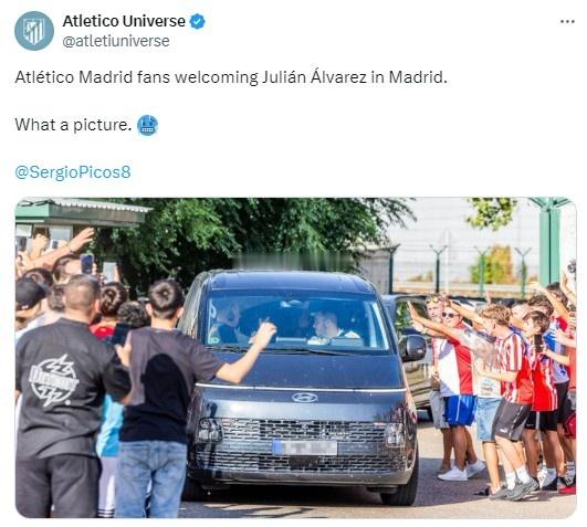 重磅新援来投！马竞球迷夹道欢迎阿尔瓦雷斯加盟 马竞新援阿尔瓦雷斯已经抵达马德里，