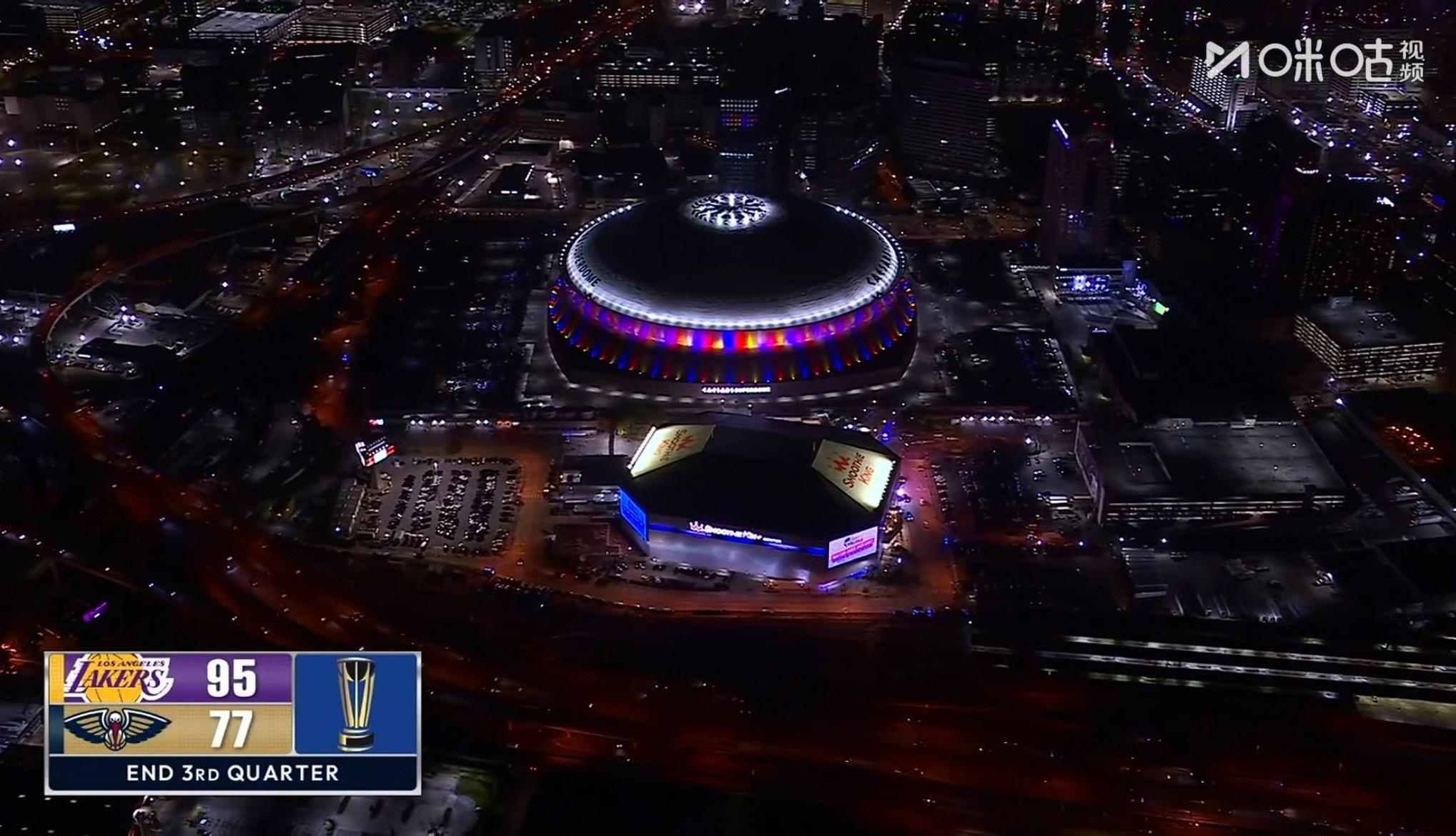 三节比赛结束，湖人95-77鹈鹕。 