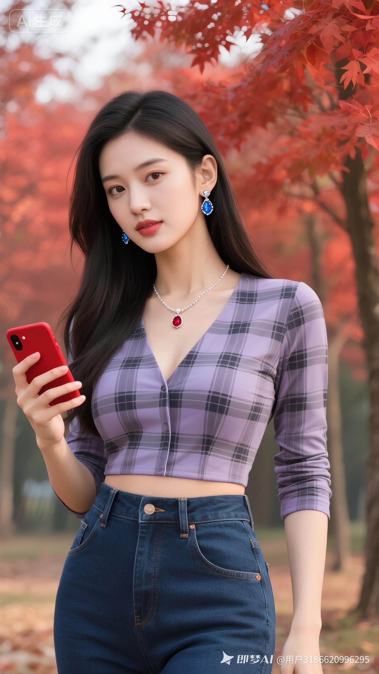 年轻女子貌美肤白，乌黑长发披肩，佩戴蓝钻耳坠与白金红宝石项链。身着紫灰格子修身衬