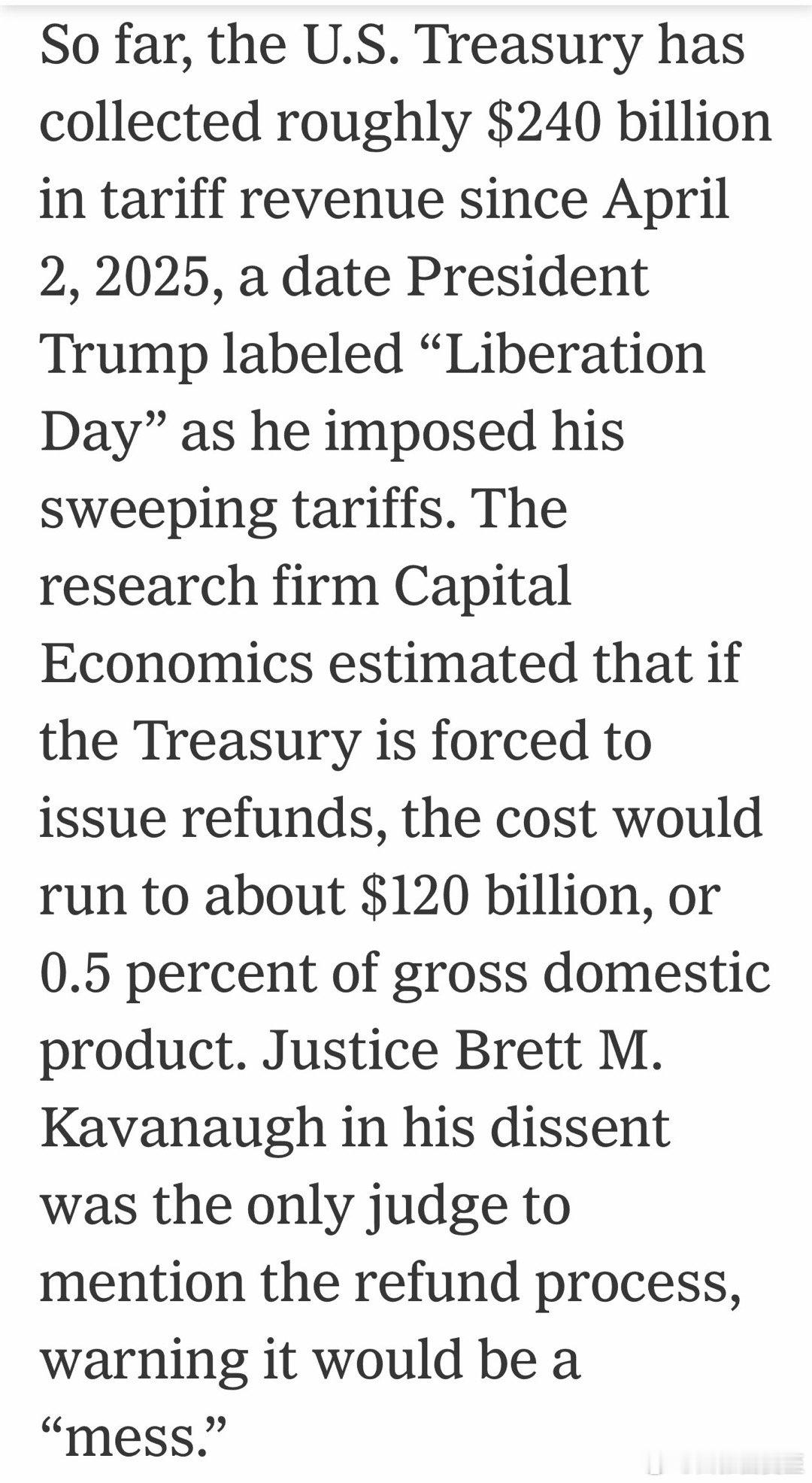 高法判“解放日关税”违法，但没有要求必须退税Kavanough是唯一提到“退税”