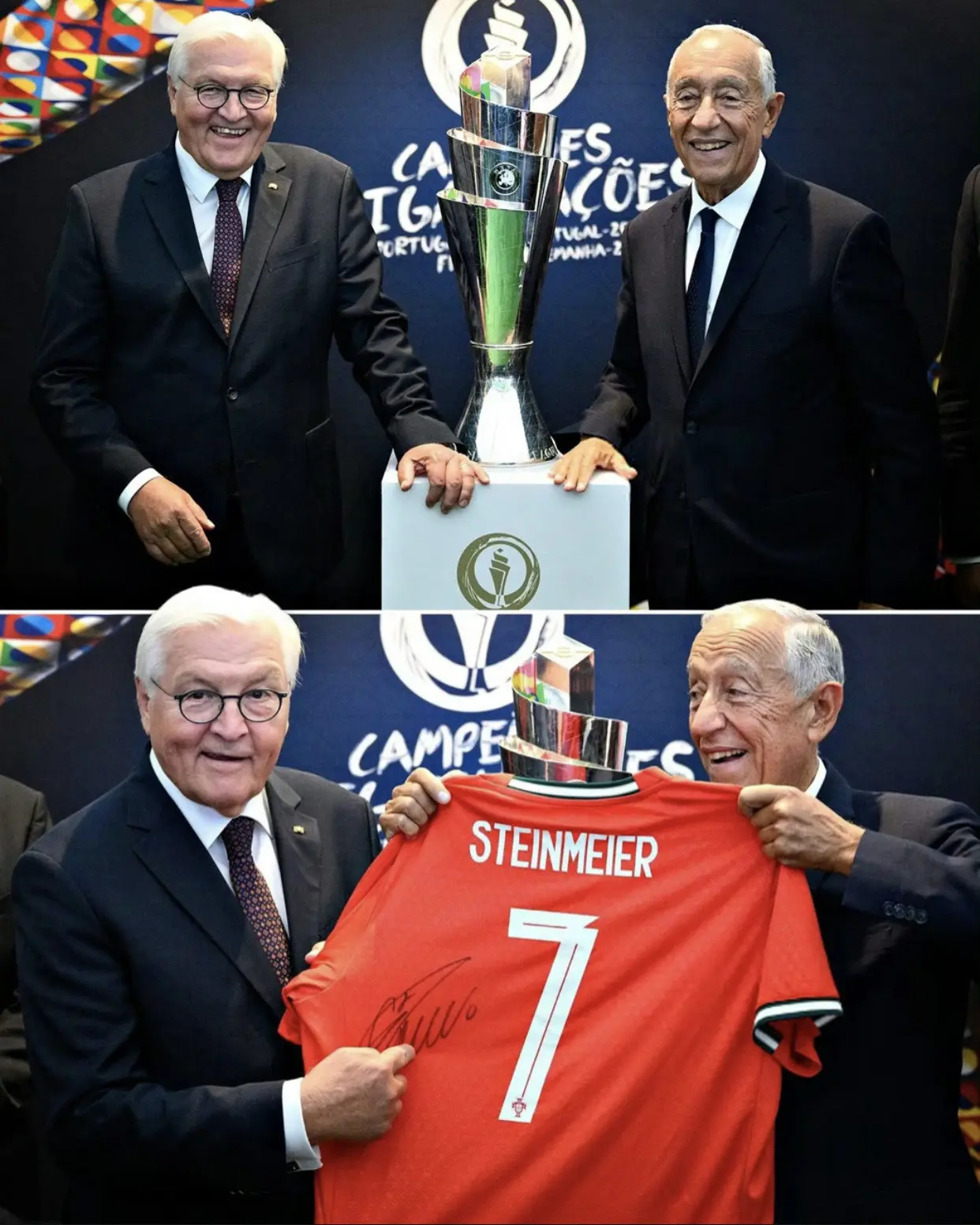 葡萄牙总统马塞洛•雷贝洛•索萨向德国总统赠送一件签名的C罗球衣🇵🇹...