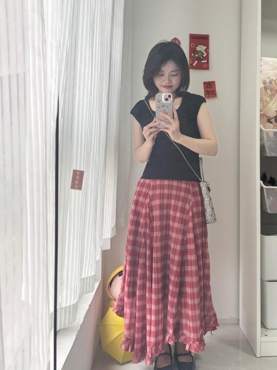150小个子｜好显瘦的红格子裙！喜欢这套❤️