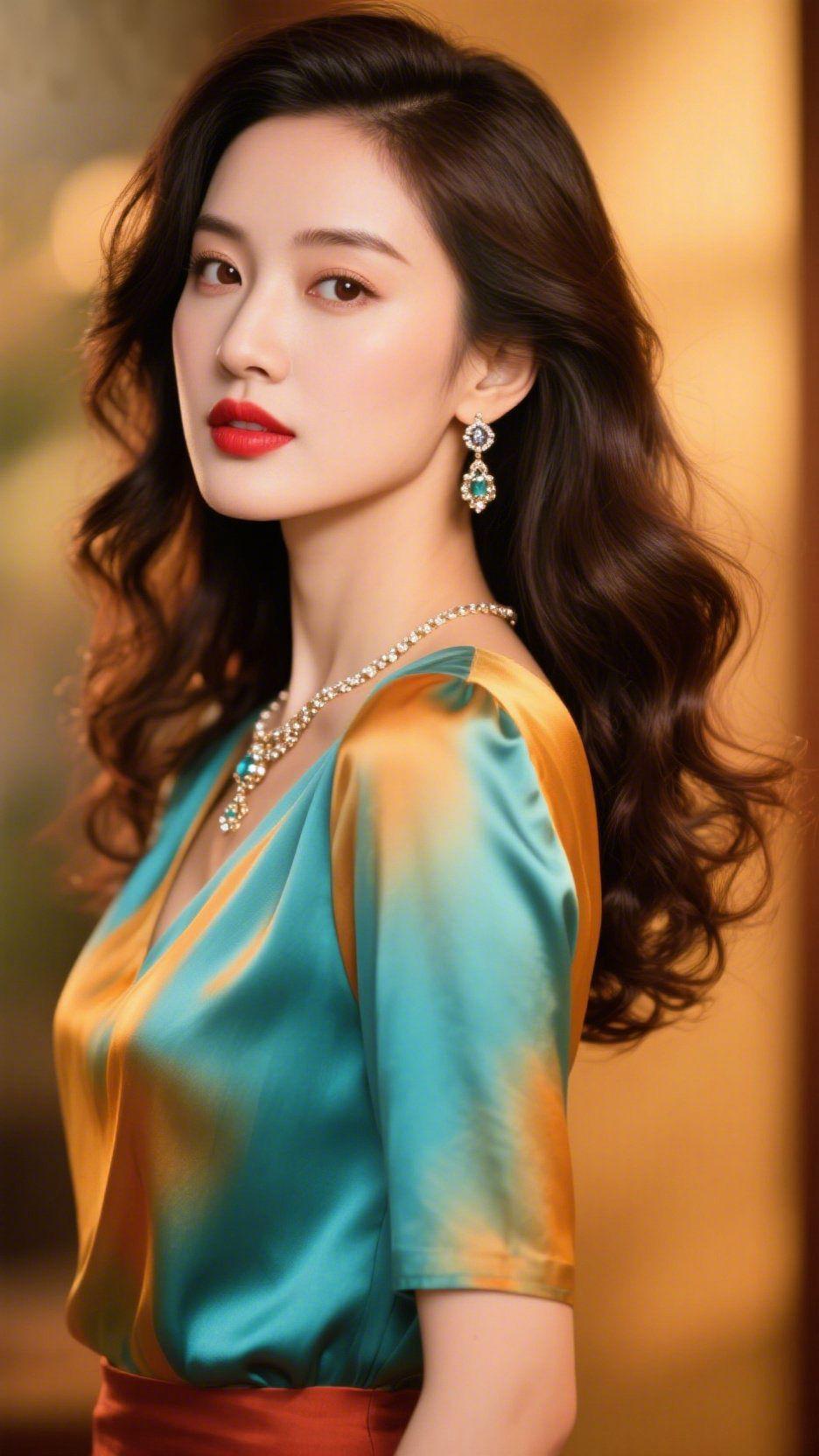 鎏光里的柔色
 
暖光漫开时，她衣间的青与橙像揉碎了落日与湖波。缎面软滑的质感裹