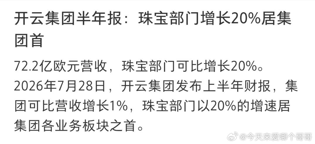 开云集团半年报，珠宝部门增长最快，其中宝诗龙创记录增长 