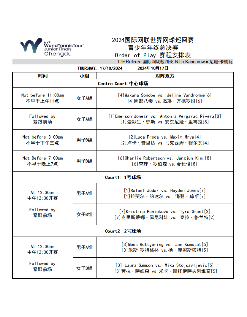 #国际网联青少年年终总决赛# 第二日赛程📅中央球场11:00 🇯🇵园部八奏