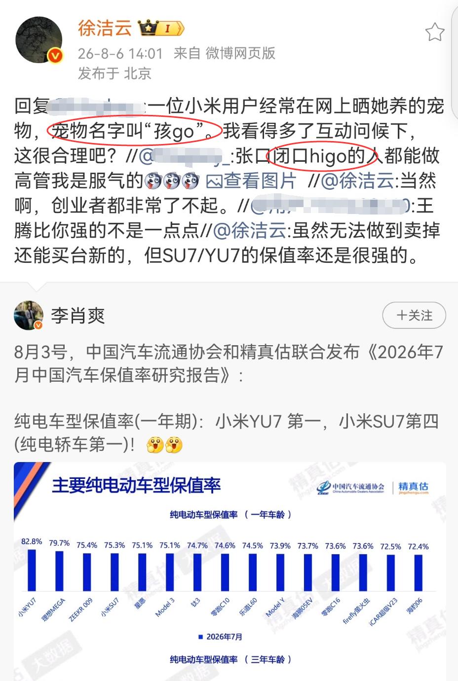 徐洁云回应网友关于“孩 go”的相关质疑，称有小米用户养的宠物名字叫“孩 go”