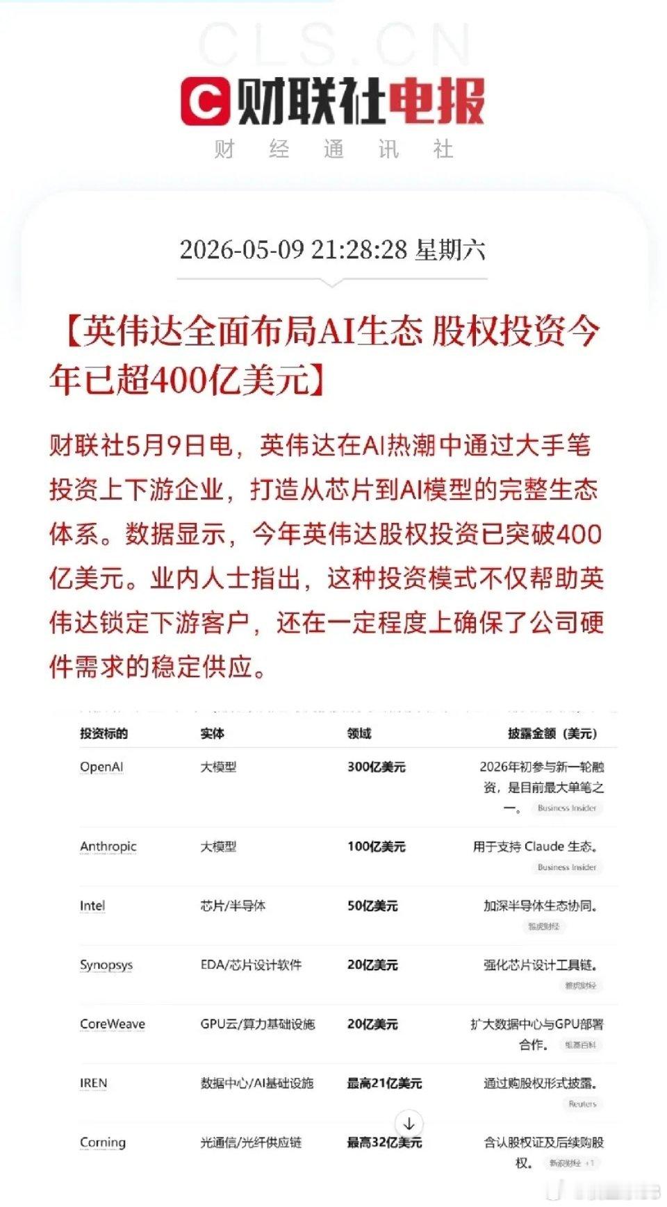 400亿美元砸出AI生态霸权，英伟达支票簿指向A股三条主线英伟达年内股权投资突破