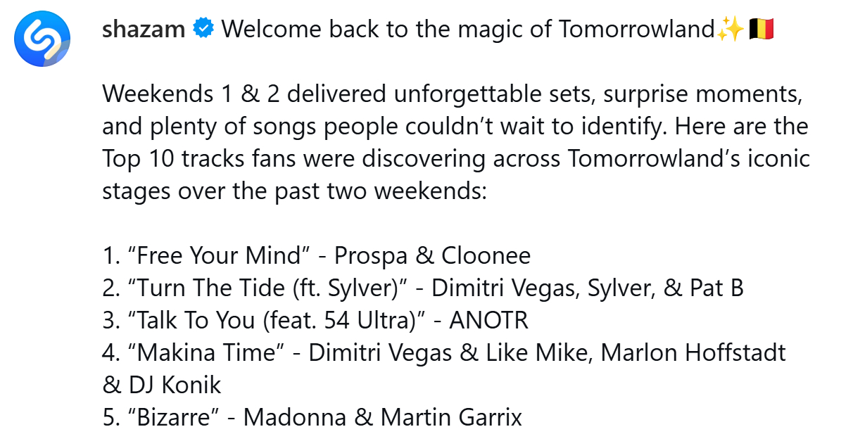 Shazam官方数据揭晓了Tomorrowland两周音乐节舞台上的十大热搜曲目