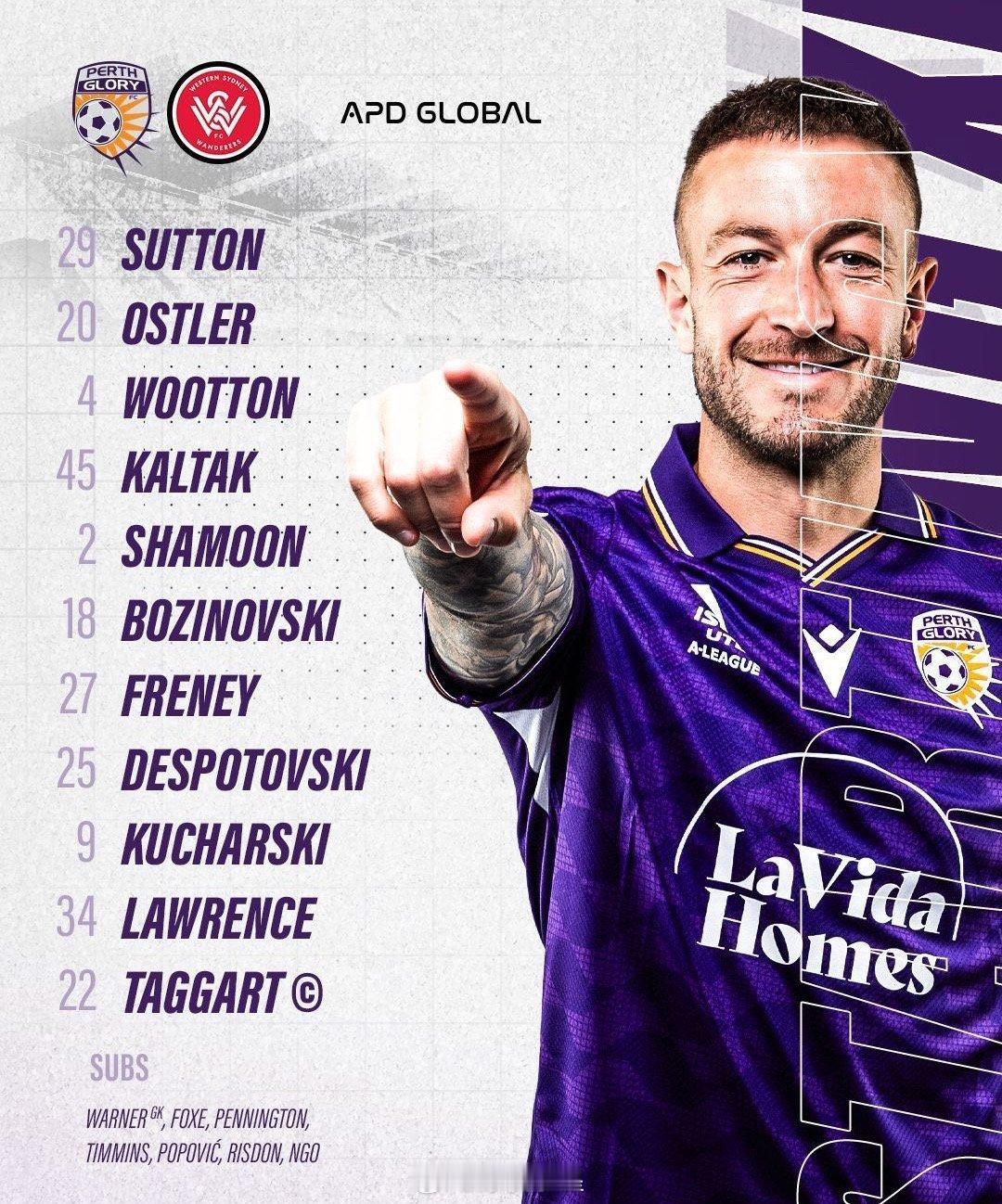 25/26赛季澳超联赛第7轮，珀斯光荣vs西悉尼流浪者。赛前两队首发出炉：球员名