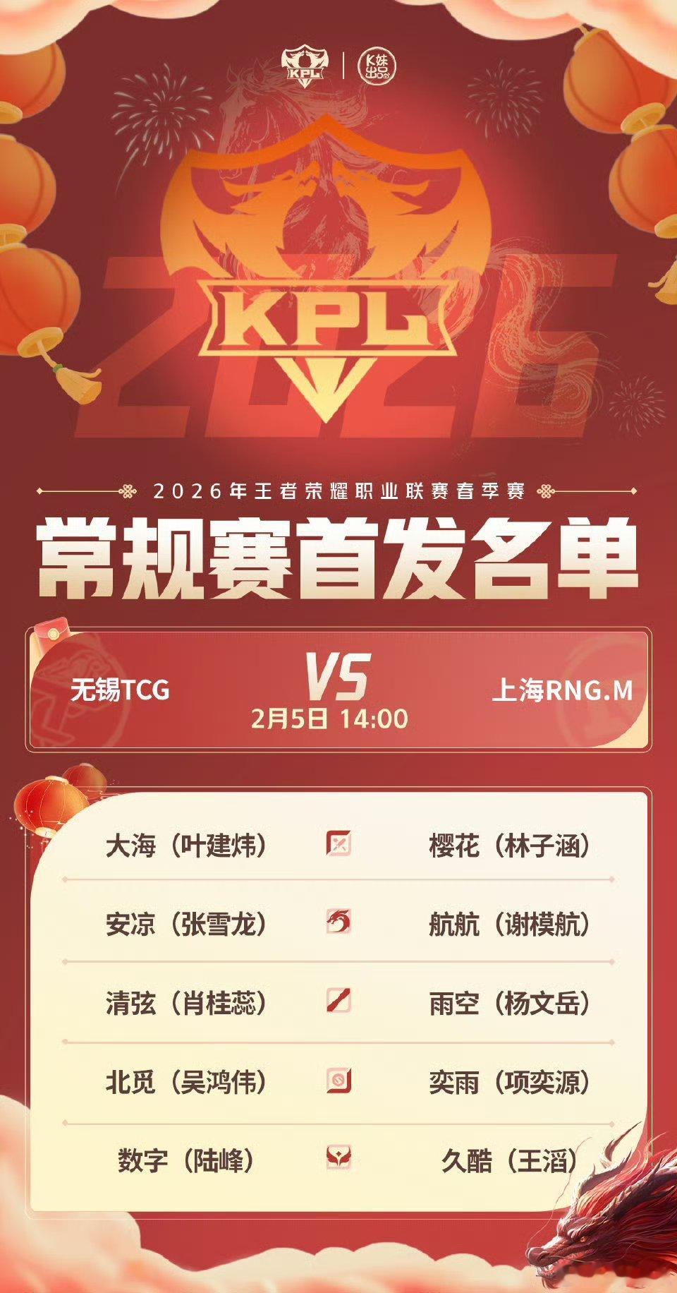 2026KPL春季赛今日首发名单 