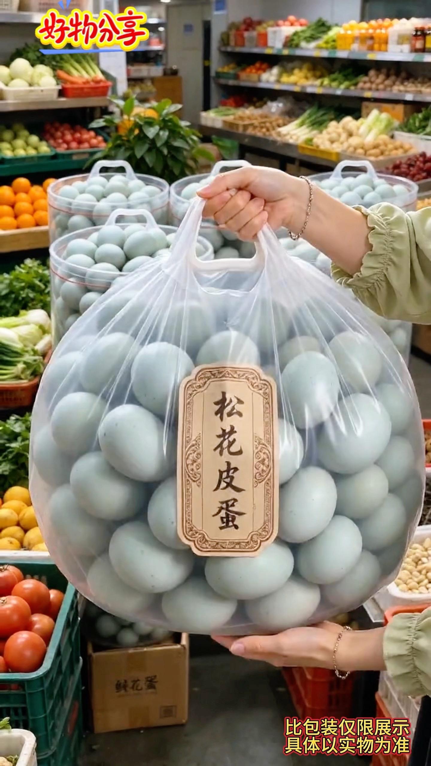 家人们，溏心松花皮蛋来啦✨ 看这满满一大袋，个个个头饱满圆润，青皮蛋壳...