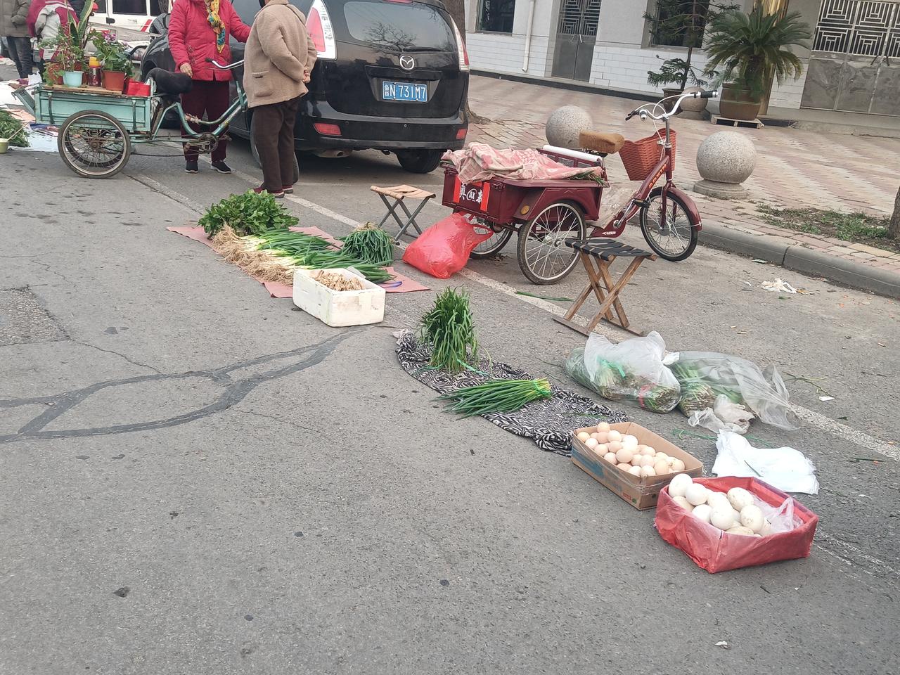 路边的早市！

初春时节，乍暖还寒。还不到七点钟。大桥西边的早市上，就摆满了各类
