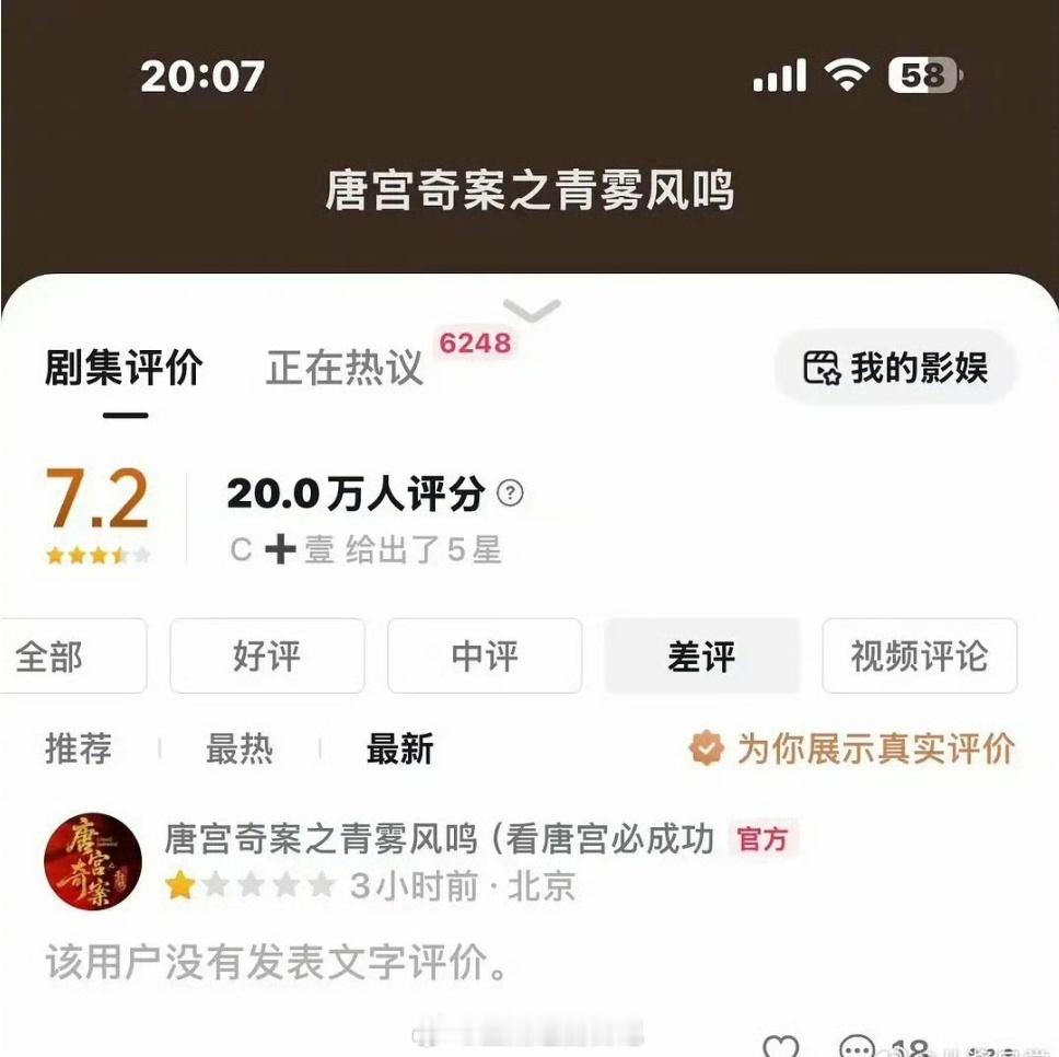 ？？《唐宫奇案》官抖给唐宫打了个一星 切错号了吗