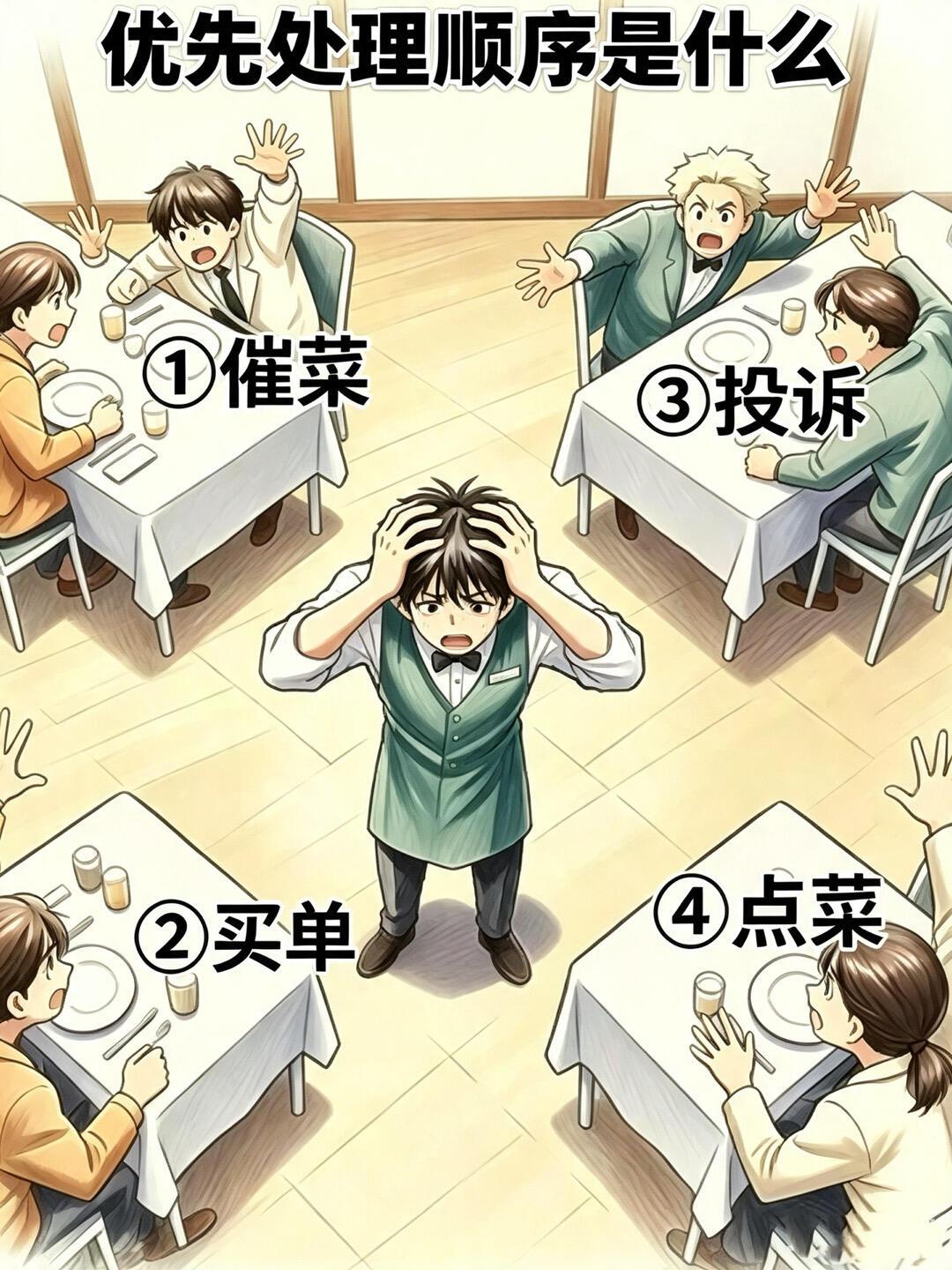 假如你是服务员，这四个情况地优先处理顺序你会怎么排？
①催菜②买单③投诉④点菜