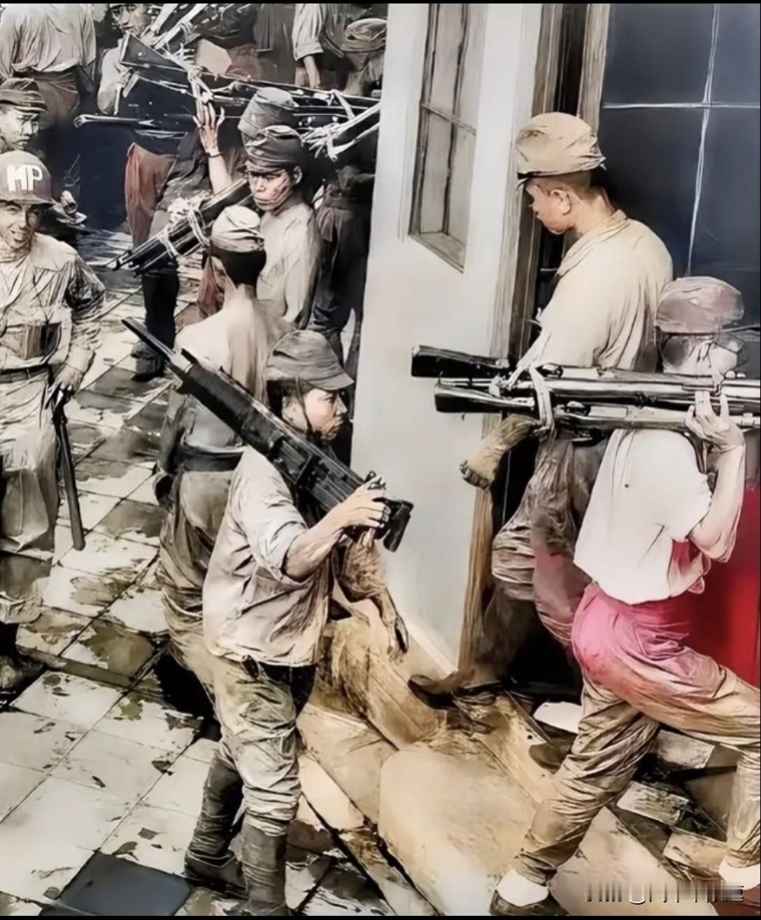 1945年，一群驻扎在香港的日本士兵，接受指令放下武器投降，正把收缴来的武器往仓