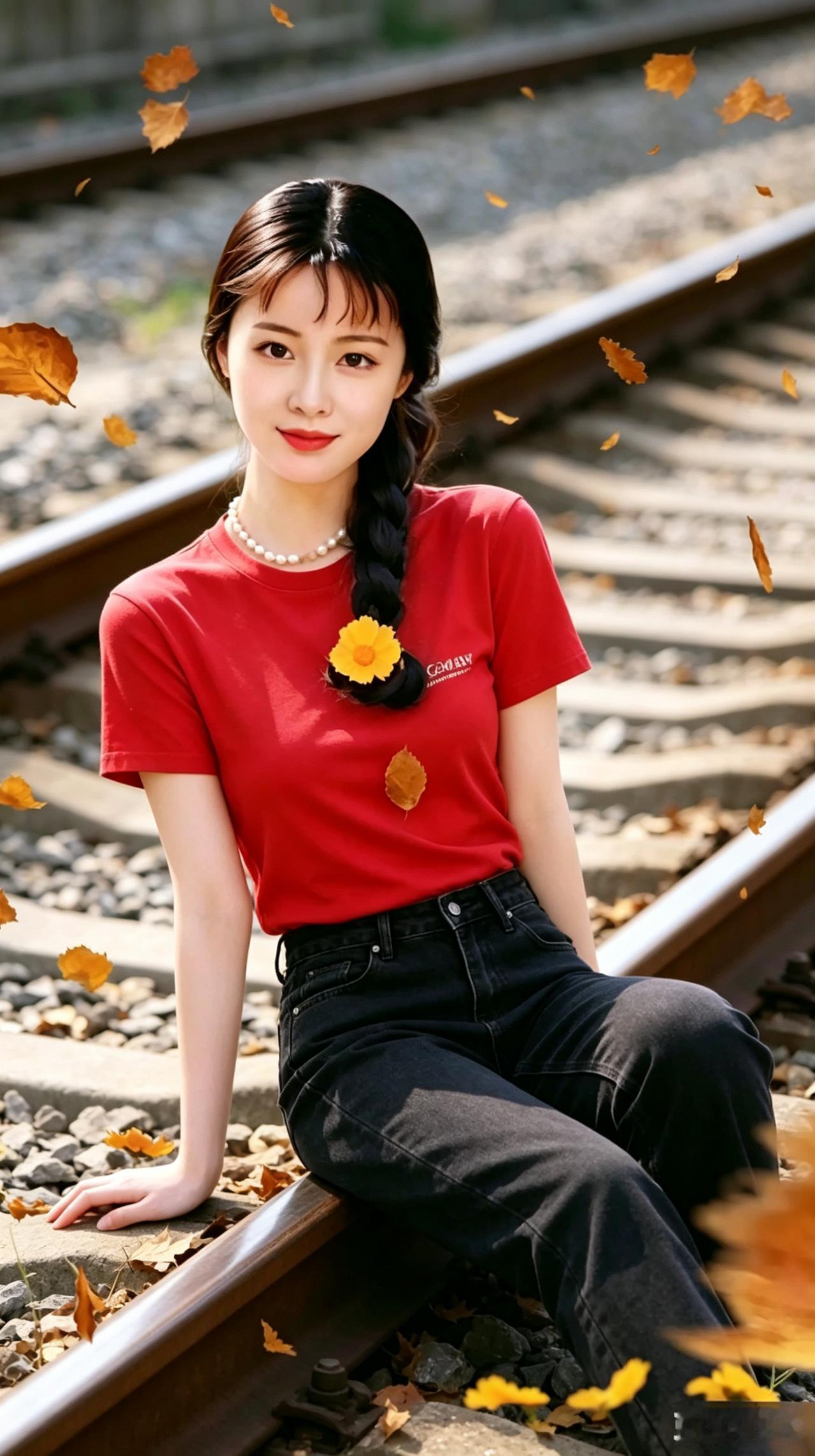 秋日铁路上的少女，红衣与落叶相映成趣。