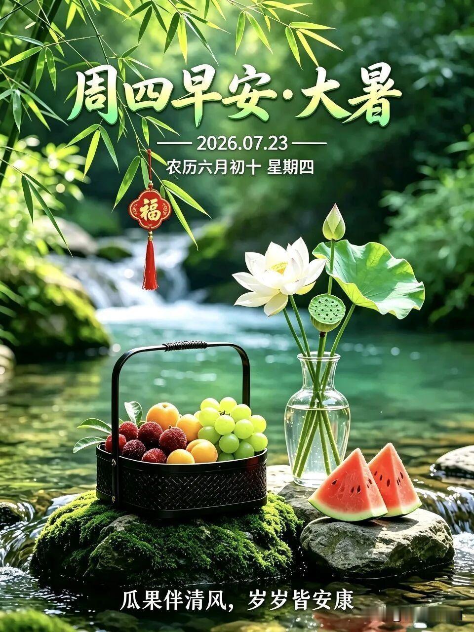 大暑来临，暑气升腾。不必畏惧盛夏热浪，心安便是清凉之地。劳逸结合，清淡饮食，照顾