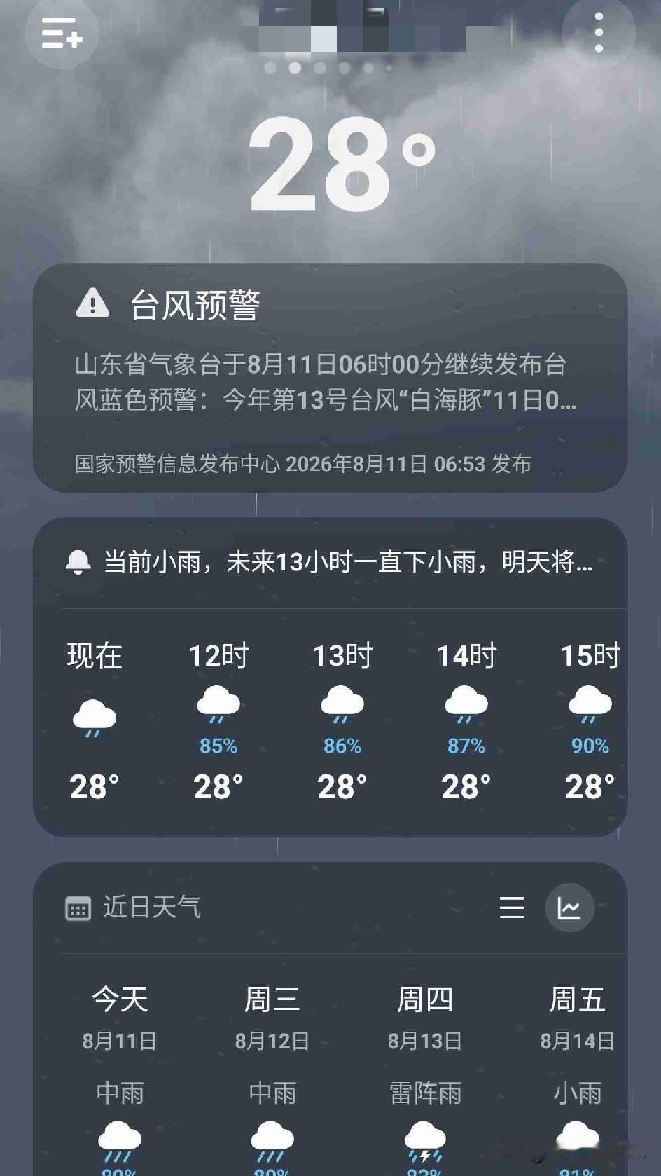 早晨一直阴天下雨，第13号台风蓝色预警也影响了我的老家，气温29℃/23℃，家里