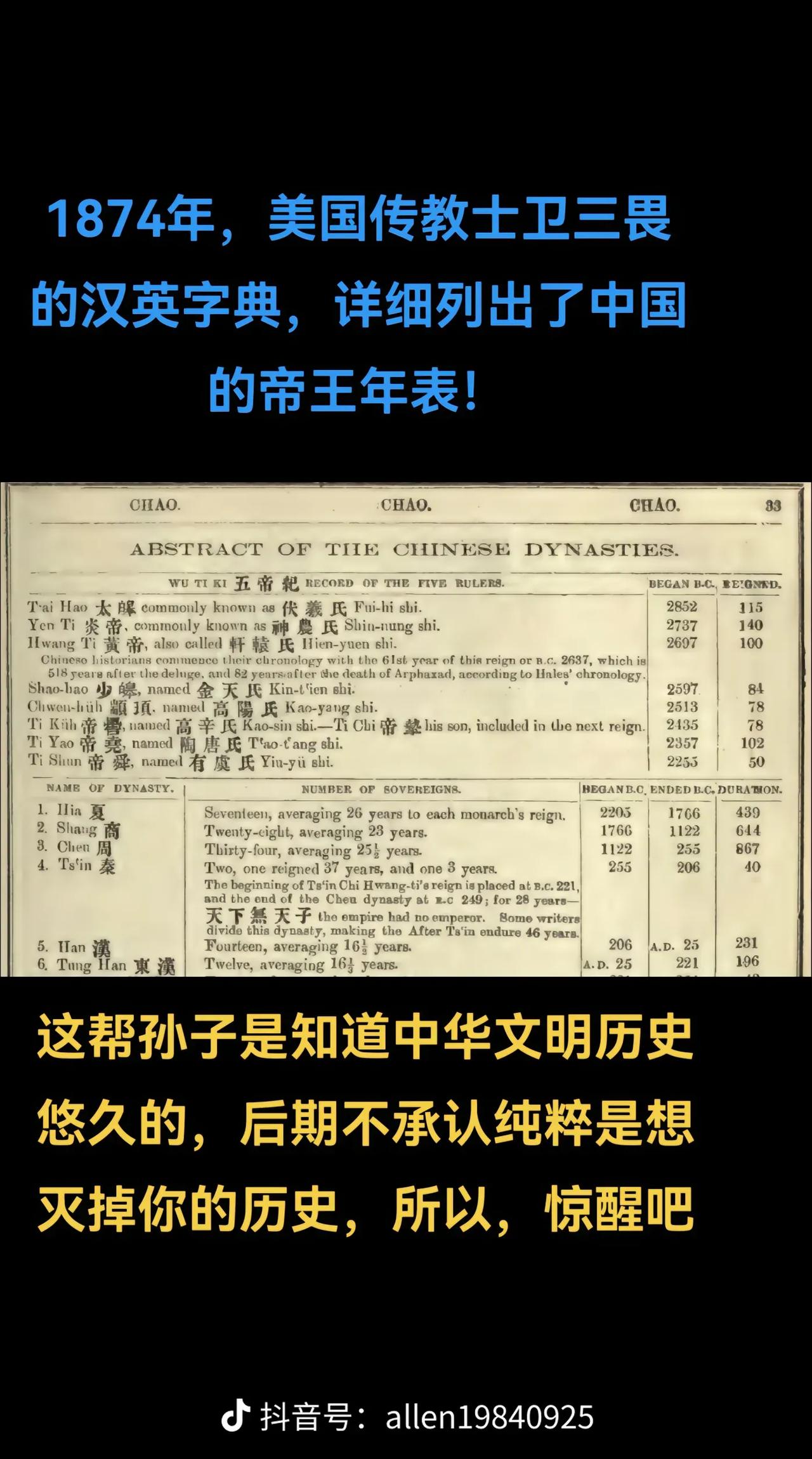 1874年，美国传教士卫三畏的汉英字典，详细列出了中国 的帝王年表！从五帝历年开