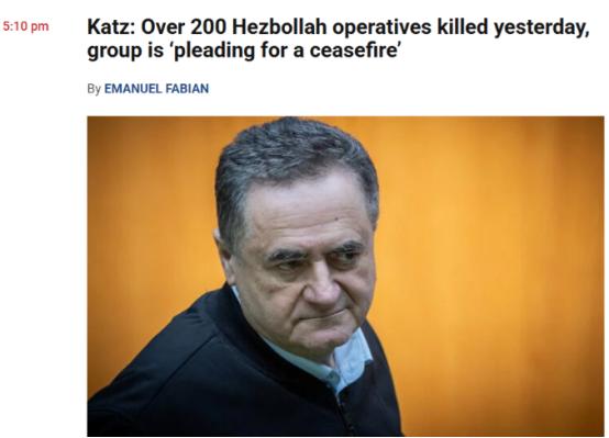 以色列国防部长以色列·卡茨表示，昨天在黎巴嫩发动的大规模空袭中，已有200多名真