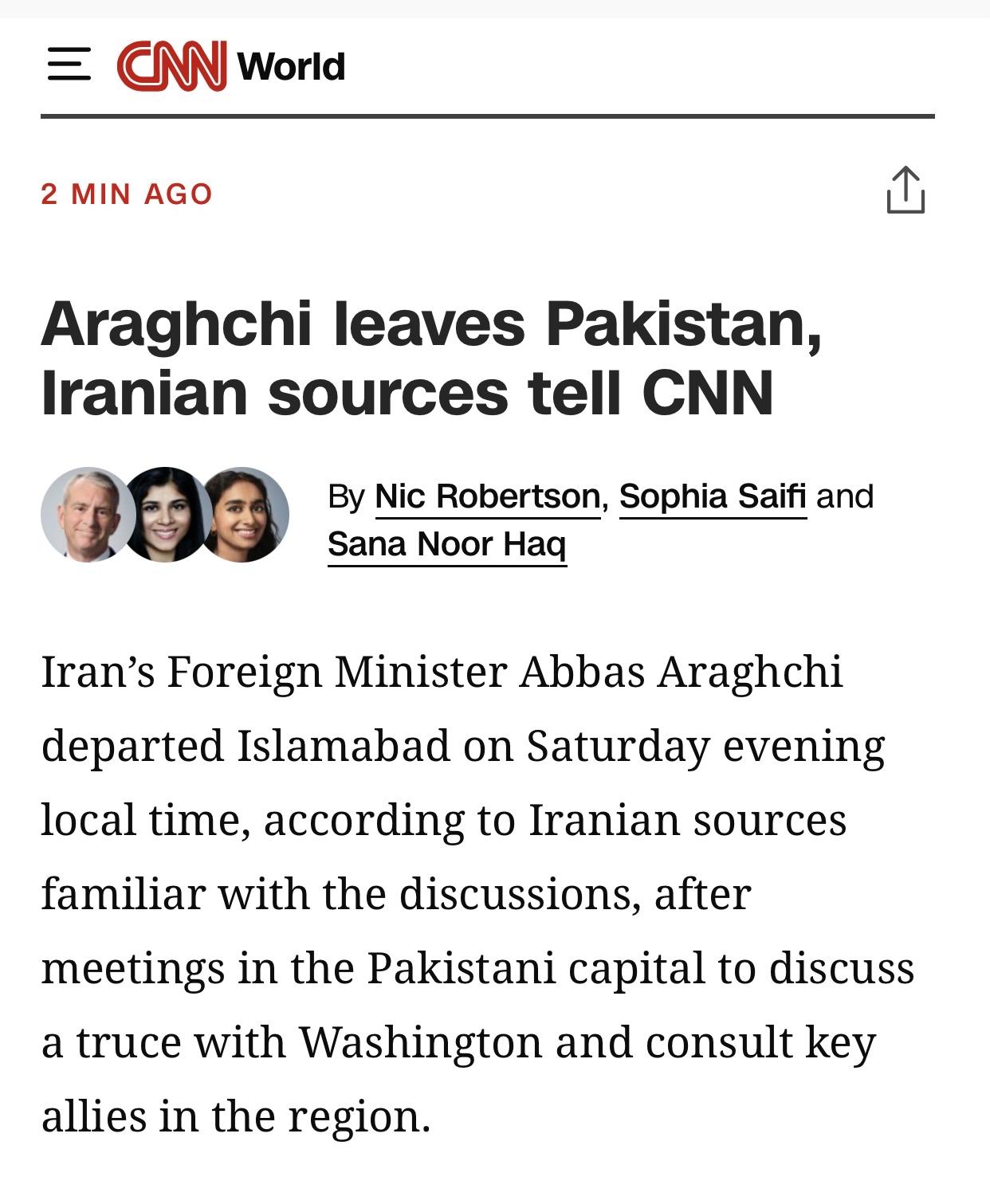 美媒：伊朗消息人士透露阿拉格奇已离开巴基斯坦

美国有线电视新闻网(CNN)官网