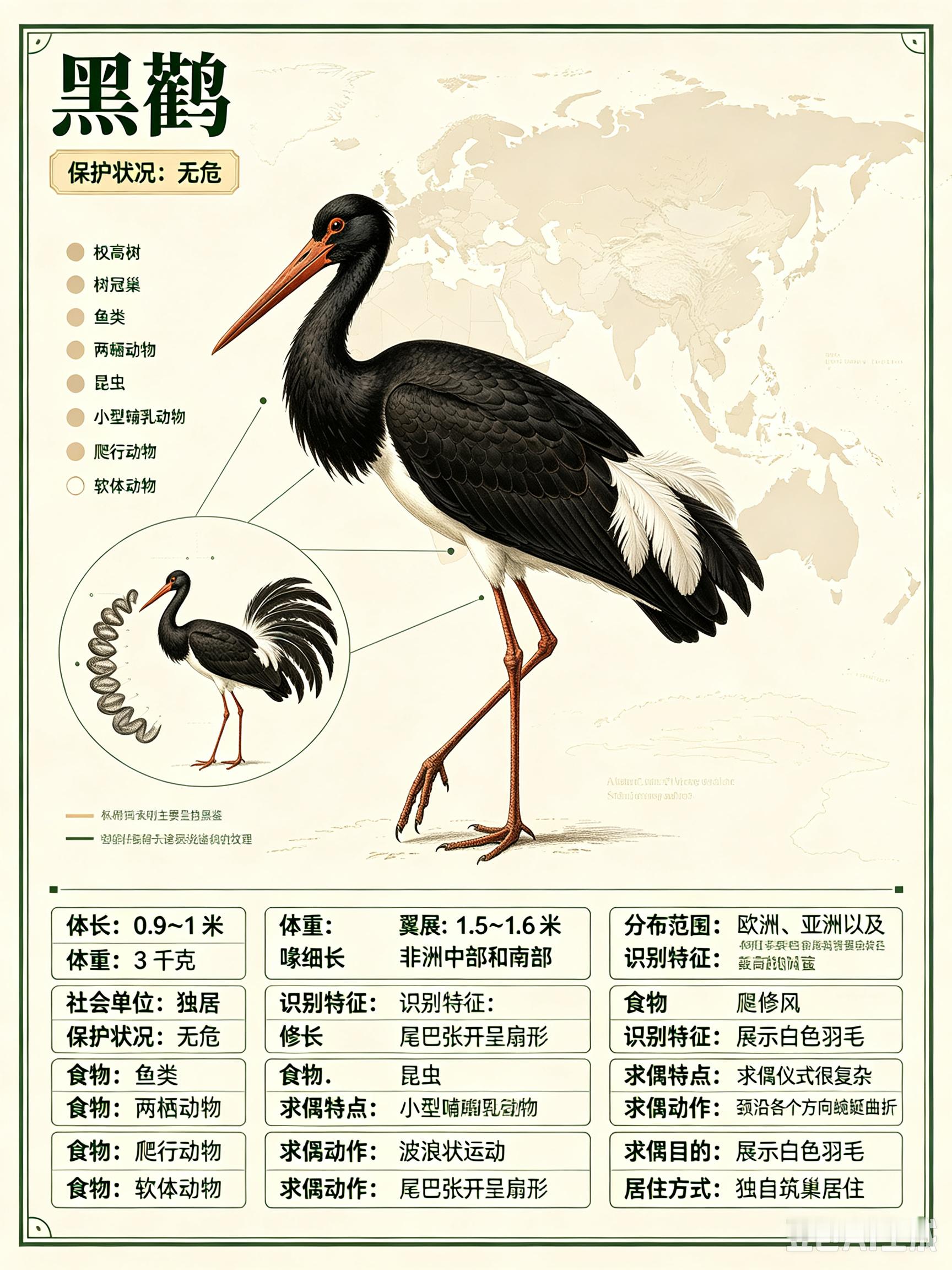 鸟类朋友图鉴 黑鹳体长：0.9~1 米体重：3 千克翼展：1.5~1.6 米社会