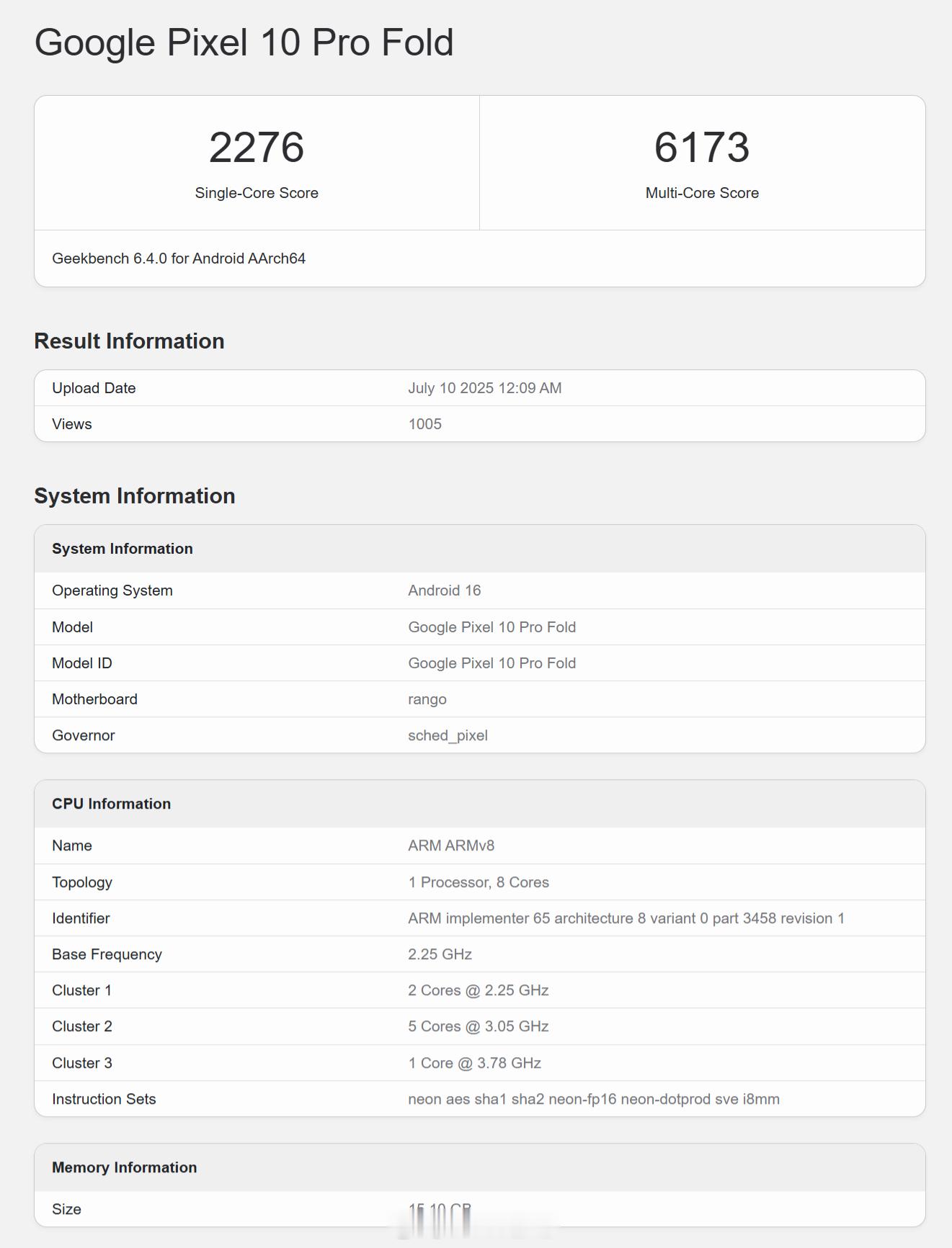 Google Pixel 10 Pro Fold 的 Geekbench 6 跑