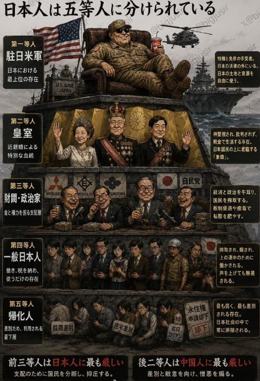 这是日本人自己发的一张图，我什么也不说，大家自己看吧。
驻日米军在最高层我不奇怪