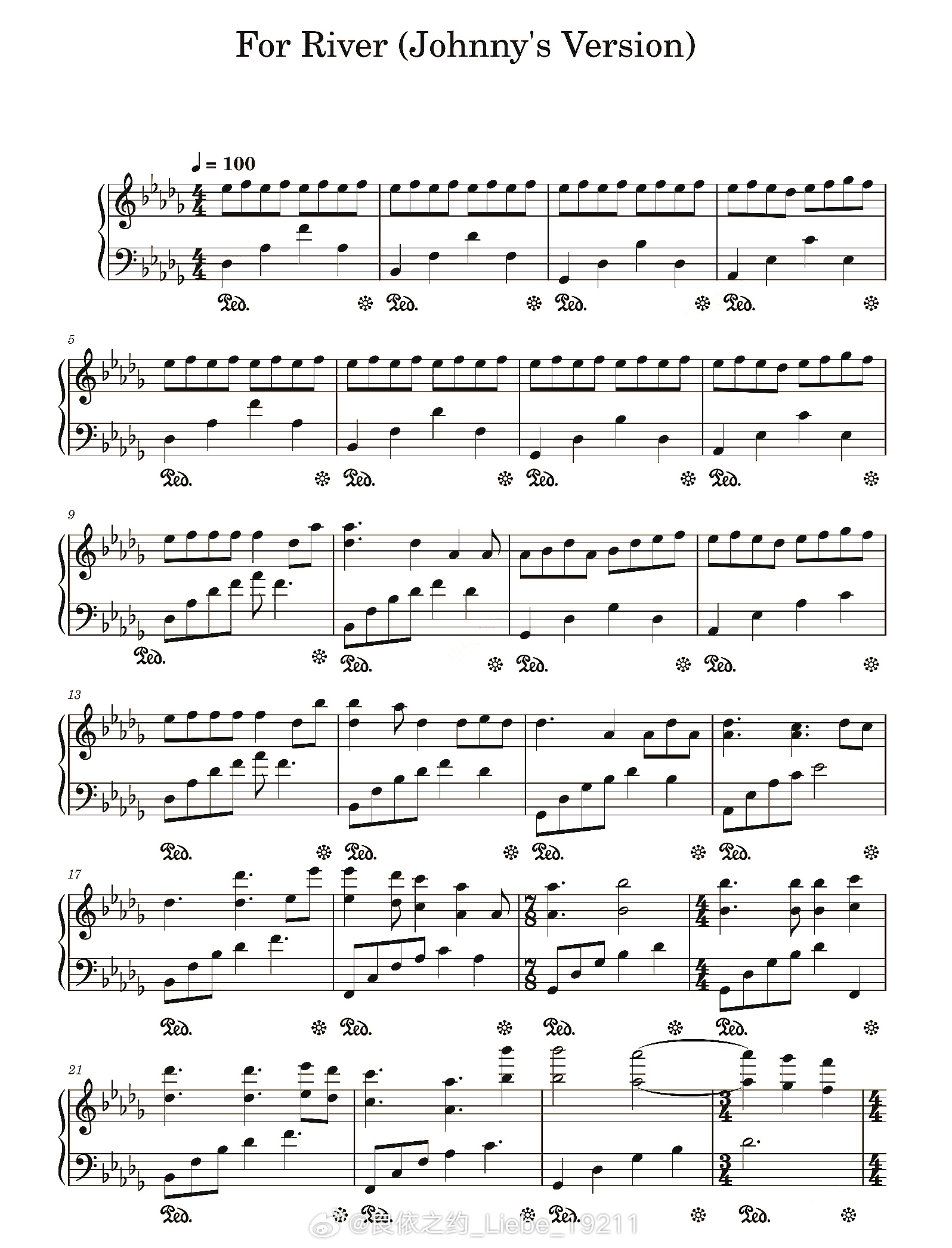 钢琴谱：《For River (Johnny's Version) 》Kan G