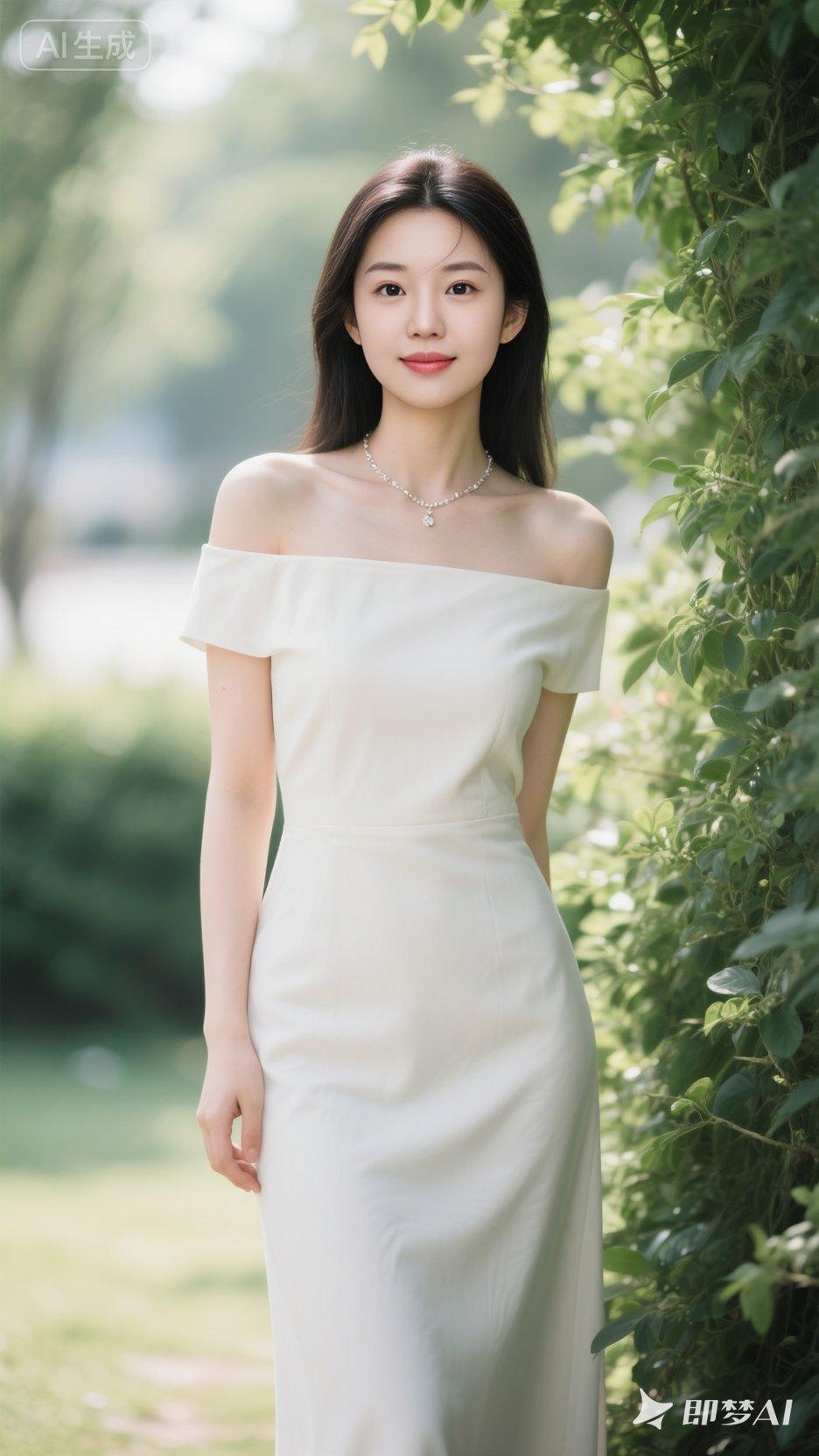 东方25岁美女，皮肤白皙，高质量，纯色露肩长裙，简约风，项链，偶像气质