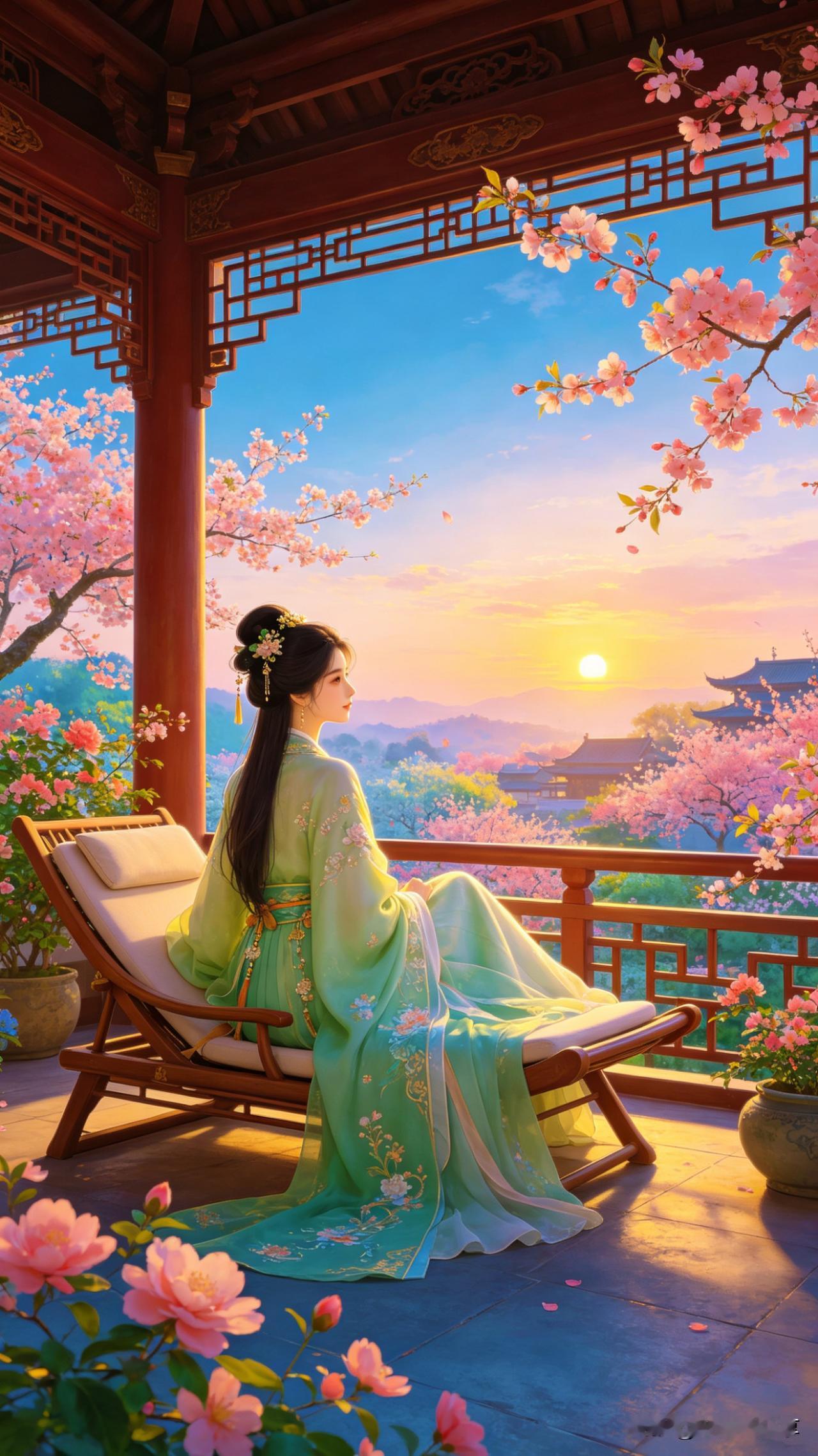 鹧鸪天·春庭闲赏

绿绮轻裳倚画栏，樱云如霰落阑干。
暖风梳柳摇金缕，落日熔霞染