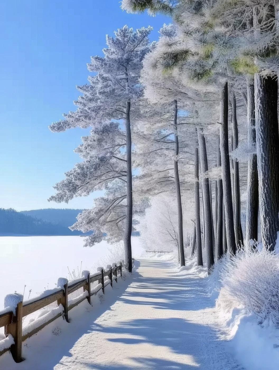 今年冬天的不同 
冬日仙境，雪中漫步，静谧湖畔，心旷神怡。