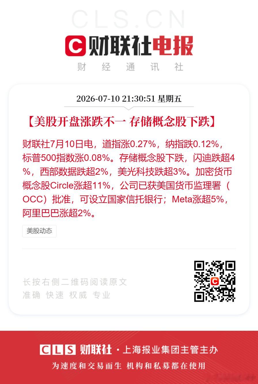 美股存储概念又跌了【美股开盘涨跌不一 存储概念股下跌】财联社7月10日电，道指涨
