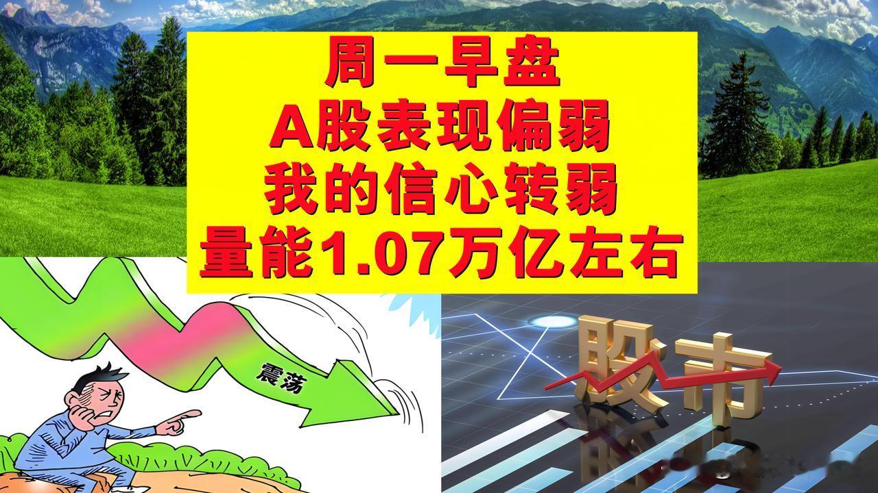 周一早盘A股表现偏弱，我谨慎看多的信心转弱，成交量1.07万亿左右。

一、周一