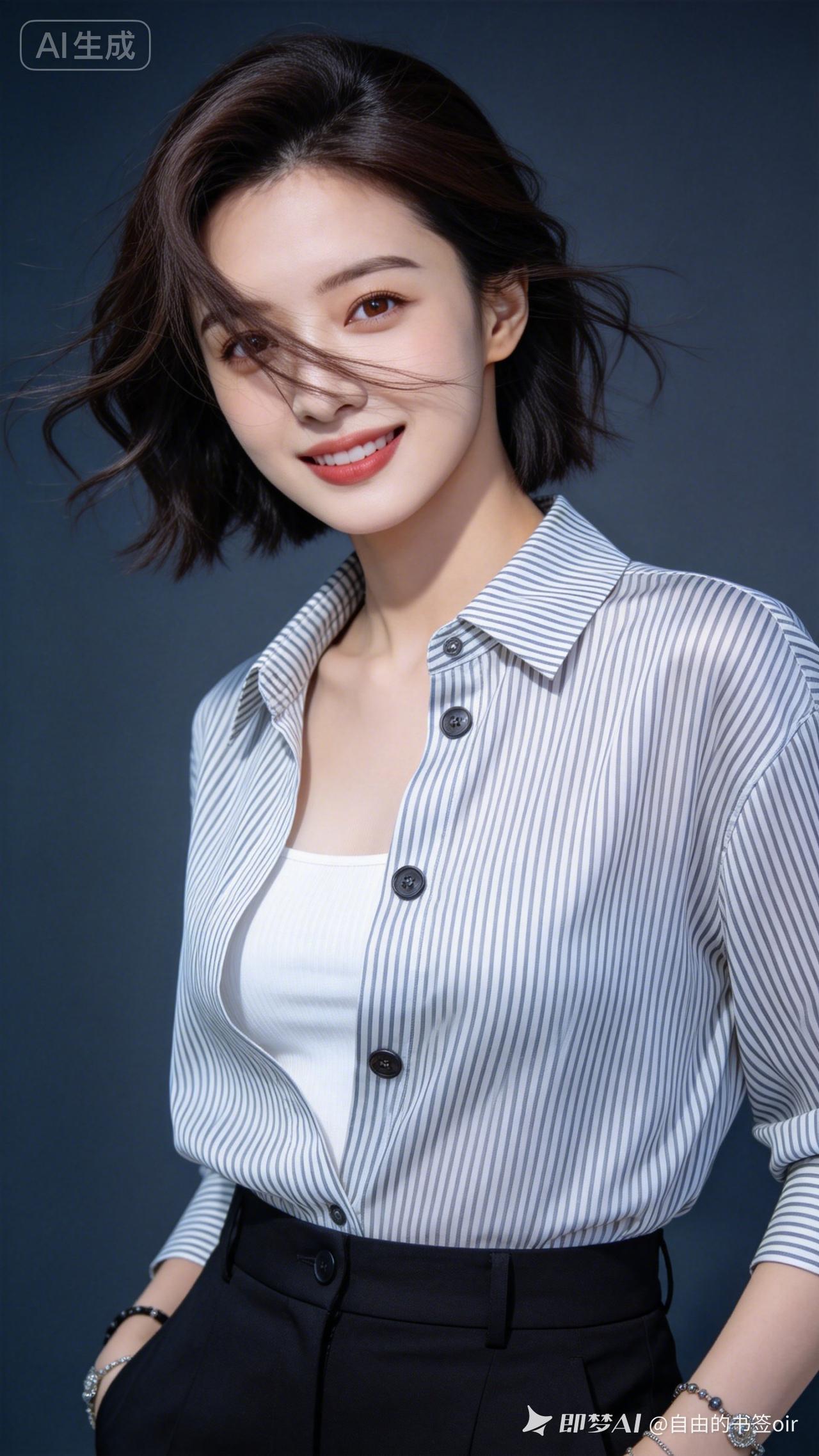 美女气质高冷华贵。条纹衬衫内搭白丝小衫，暗调纯色背景衬出精致五官，蓝光超清，眉眼