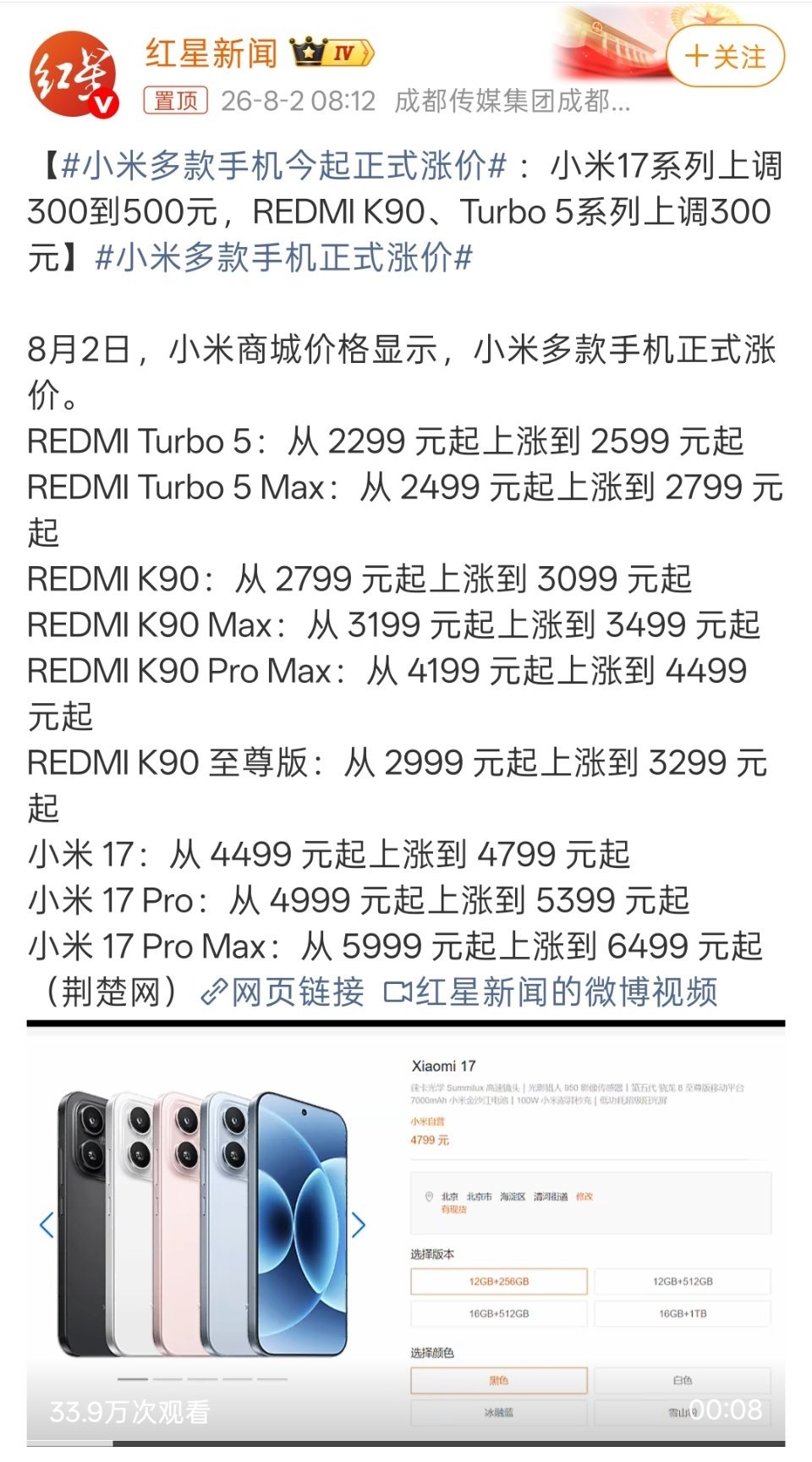 小米多款手机今起正式涨价这几个机型涨价300-500元，整体涨价幅度约为10%。