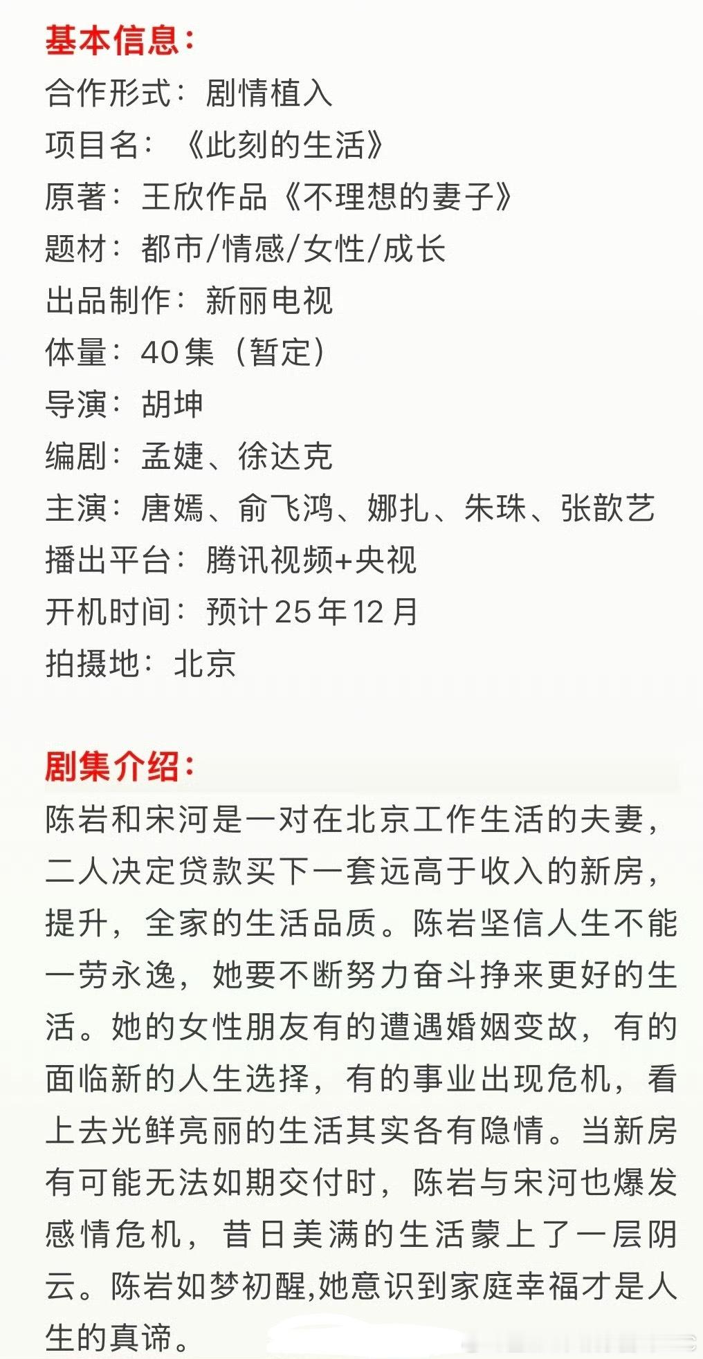 新丽《此刻的生活》招商主演：唐嫣、俞飞鸿、娜扎、朱珠、张歆艺播出平台：腾讯视频+
