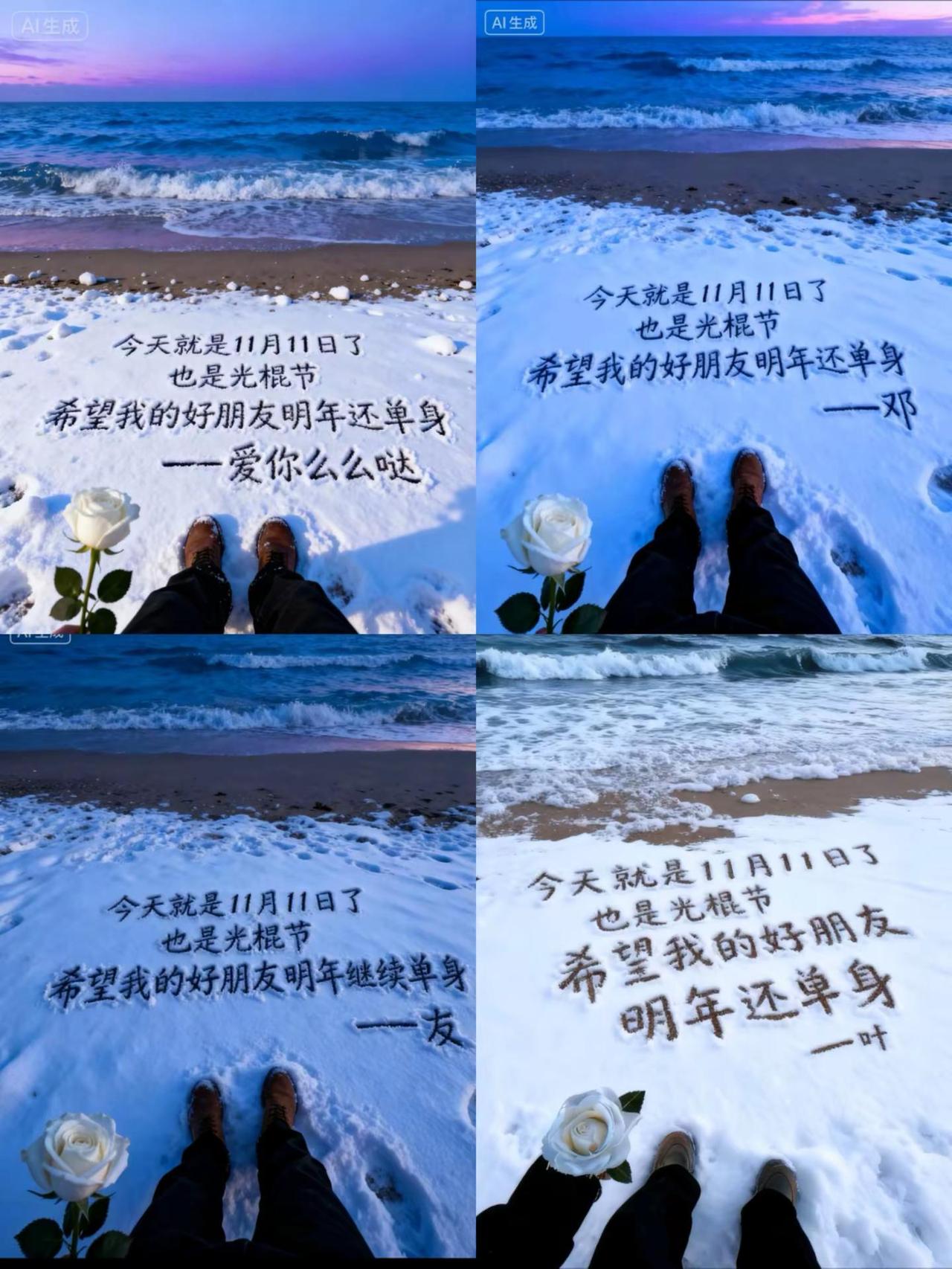 光棍节祝福语 雪地写字看雪景 单身祝福语 单身狗