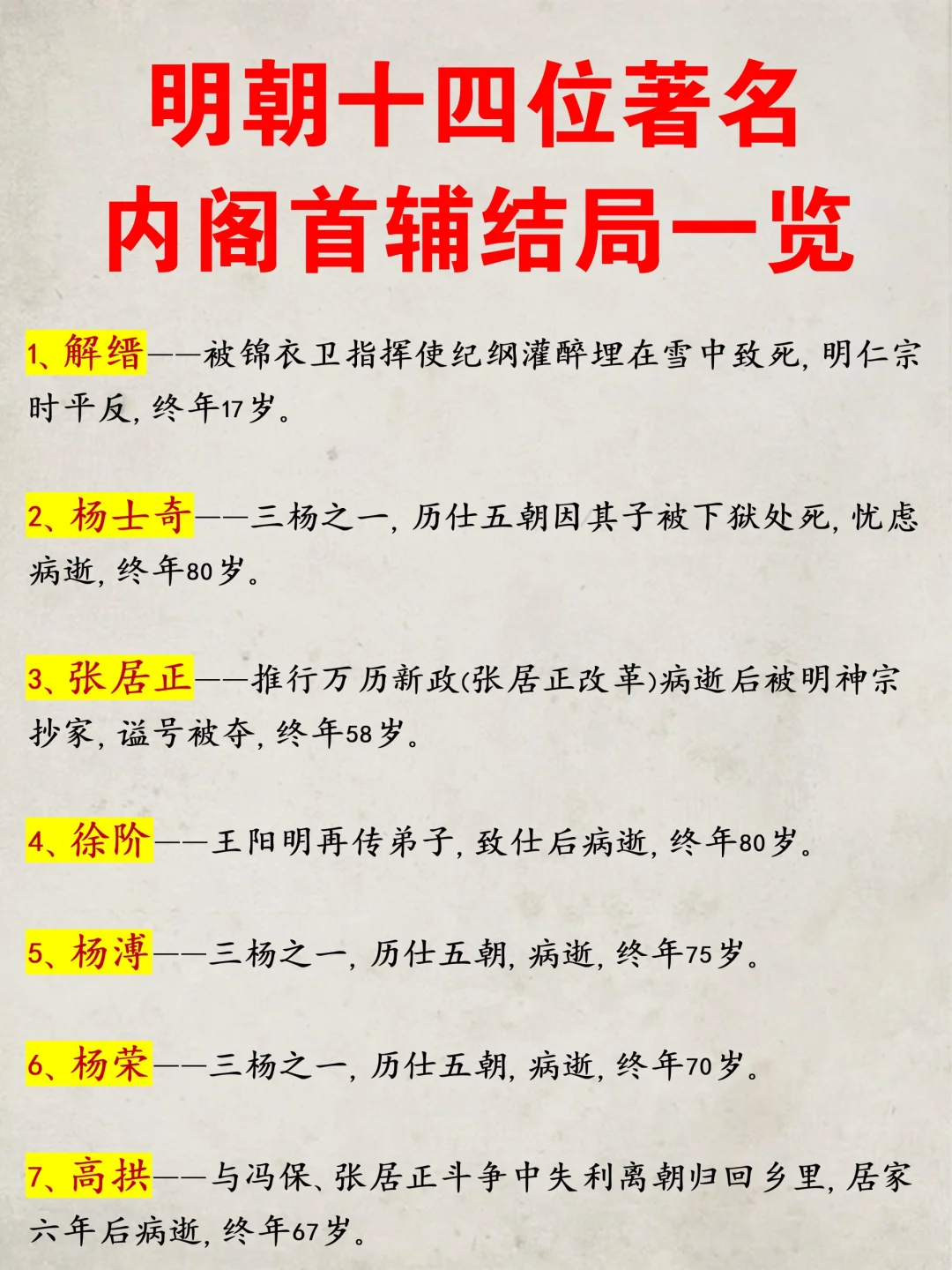 明朝十四位著名内阁首辅结局一览！