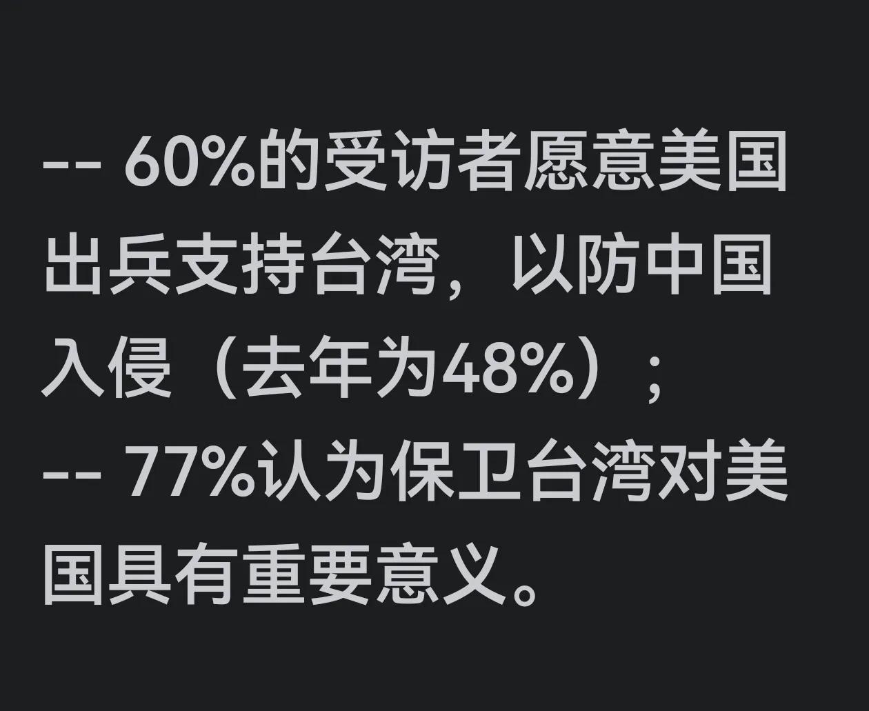 美国人愿意为台湾送死?

据说是美国智库的调查

我不信