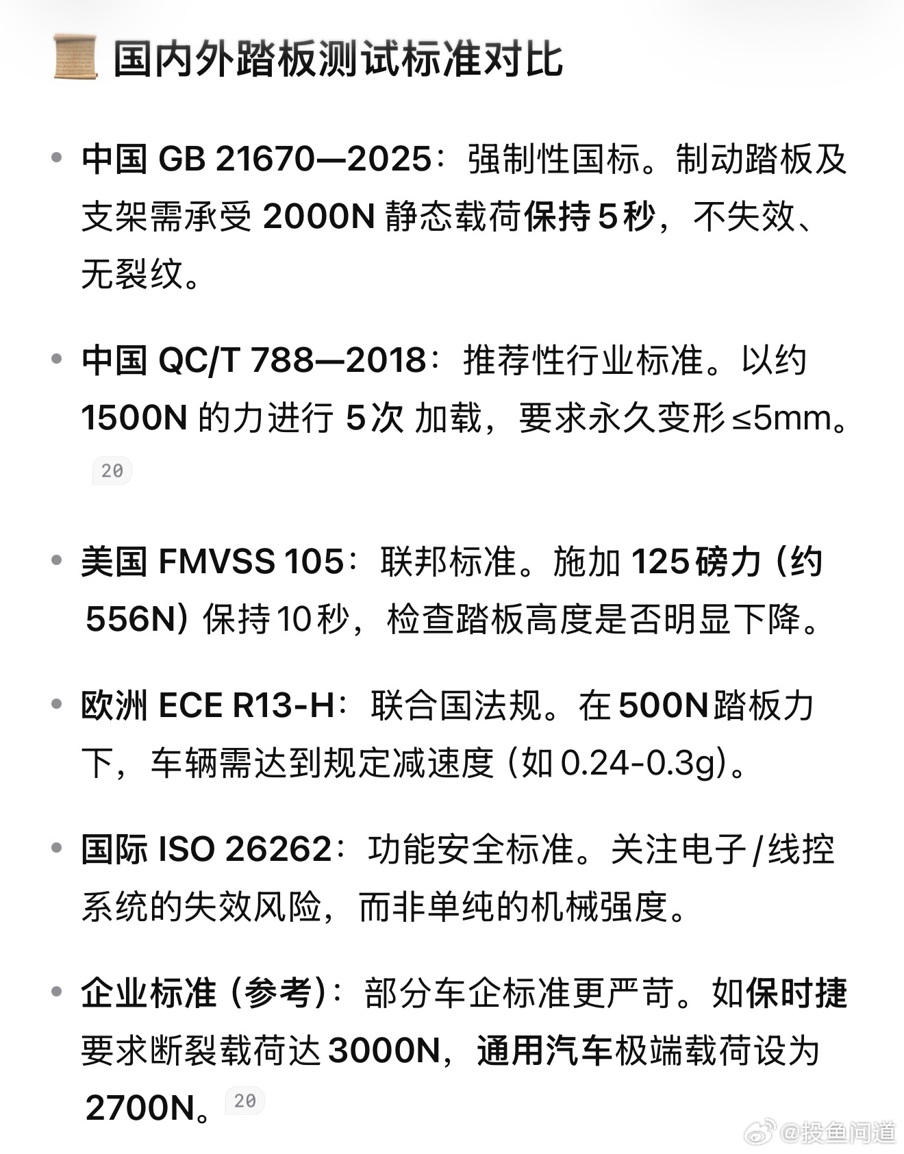 尊界V800刹车踏板支架断裂，关于踏板力度标准，查了下AI。 ​​​（备注：近期