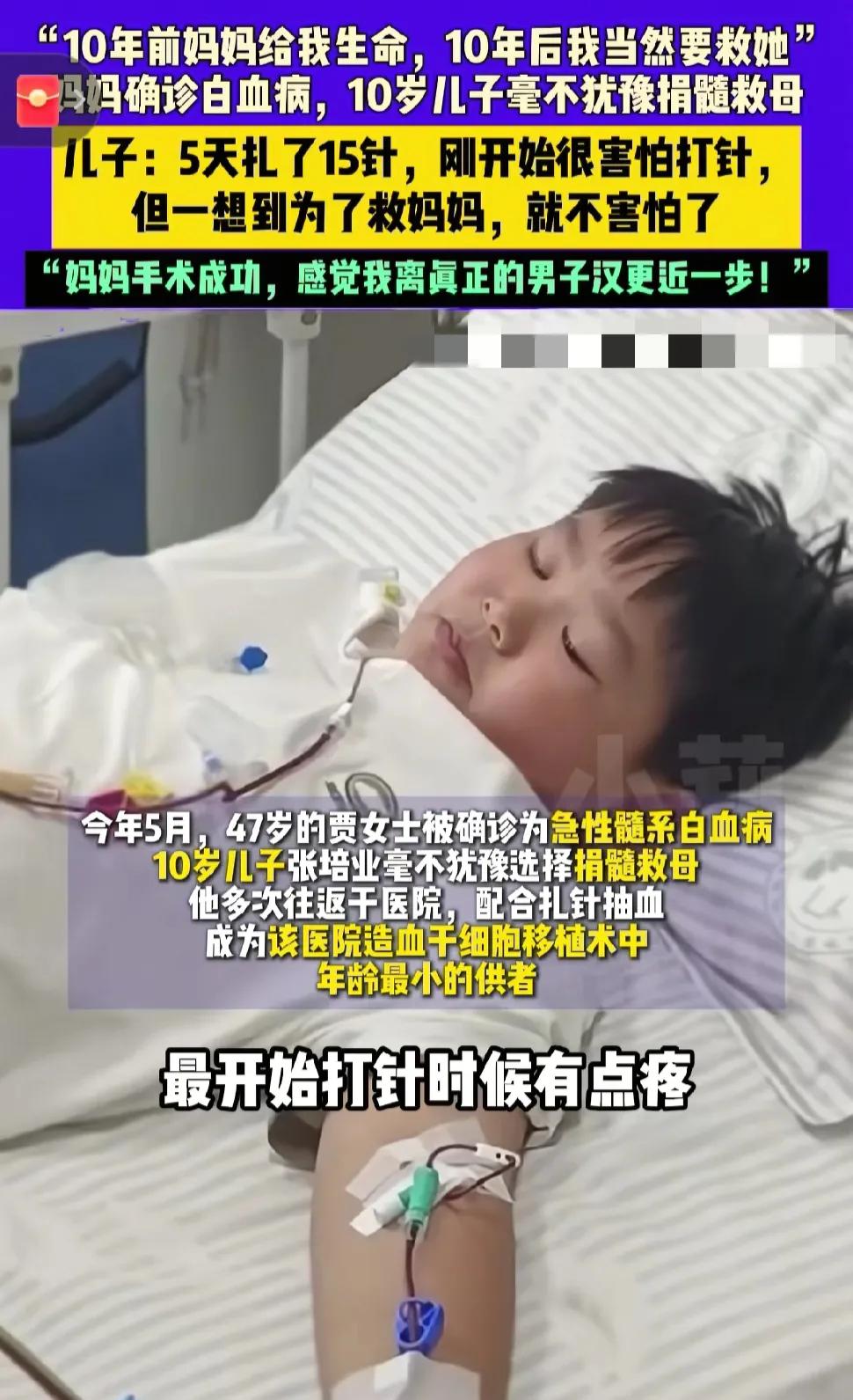 百善孝为先
10岁男孩为救白血病母亲
强忍天生晕血的不适
多次抽血配型
那句“只